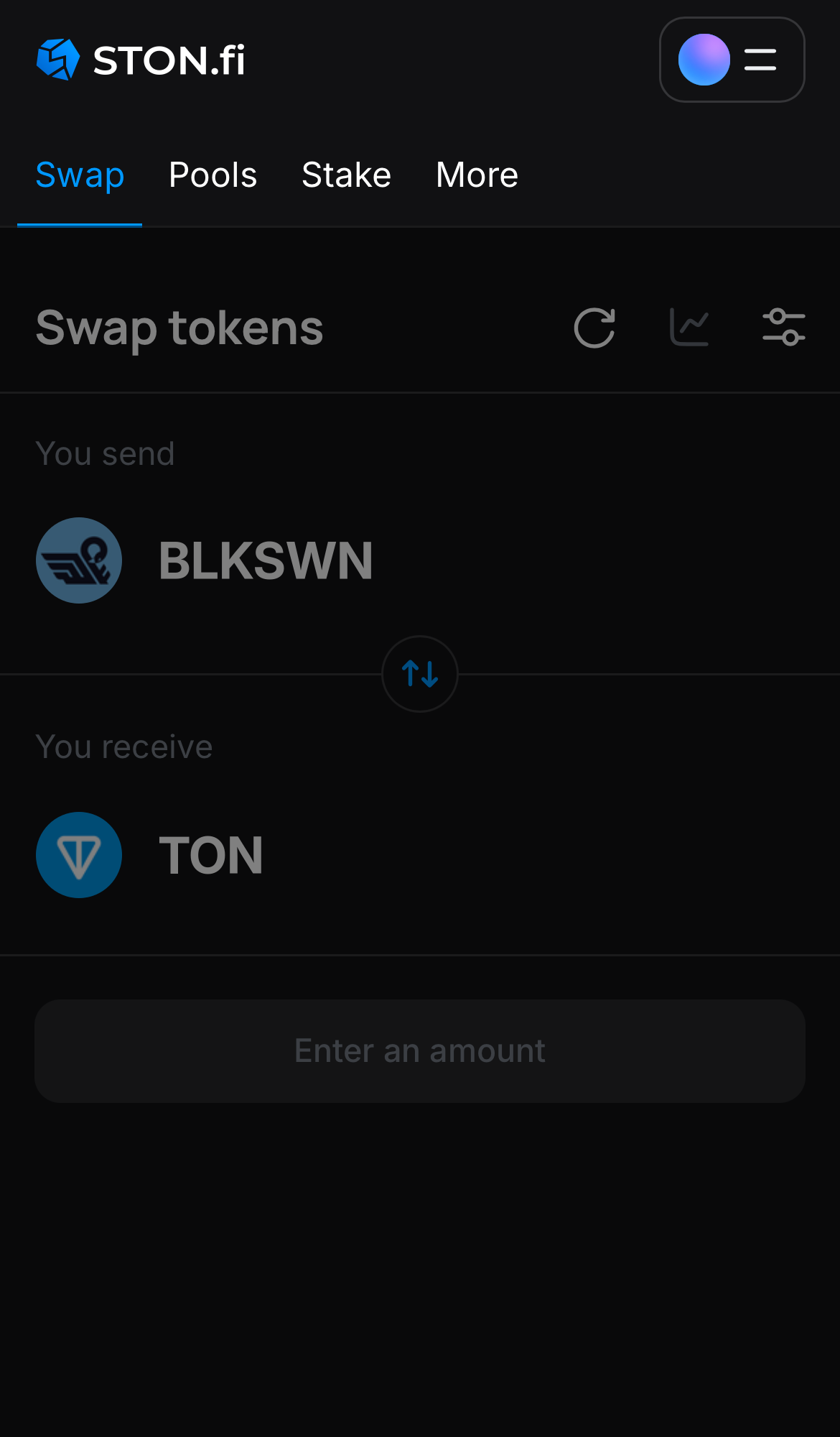 Open the STON.fi app and navigate to the ‘Swap‘ tab.