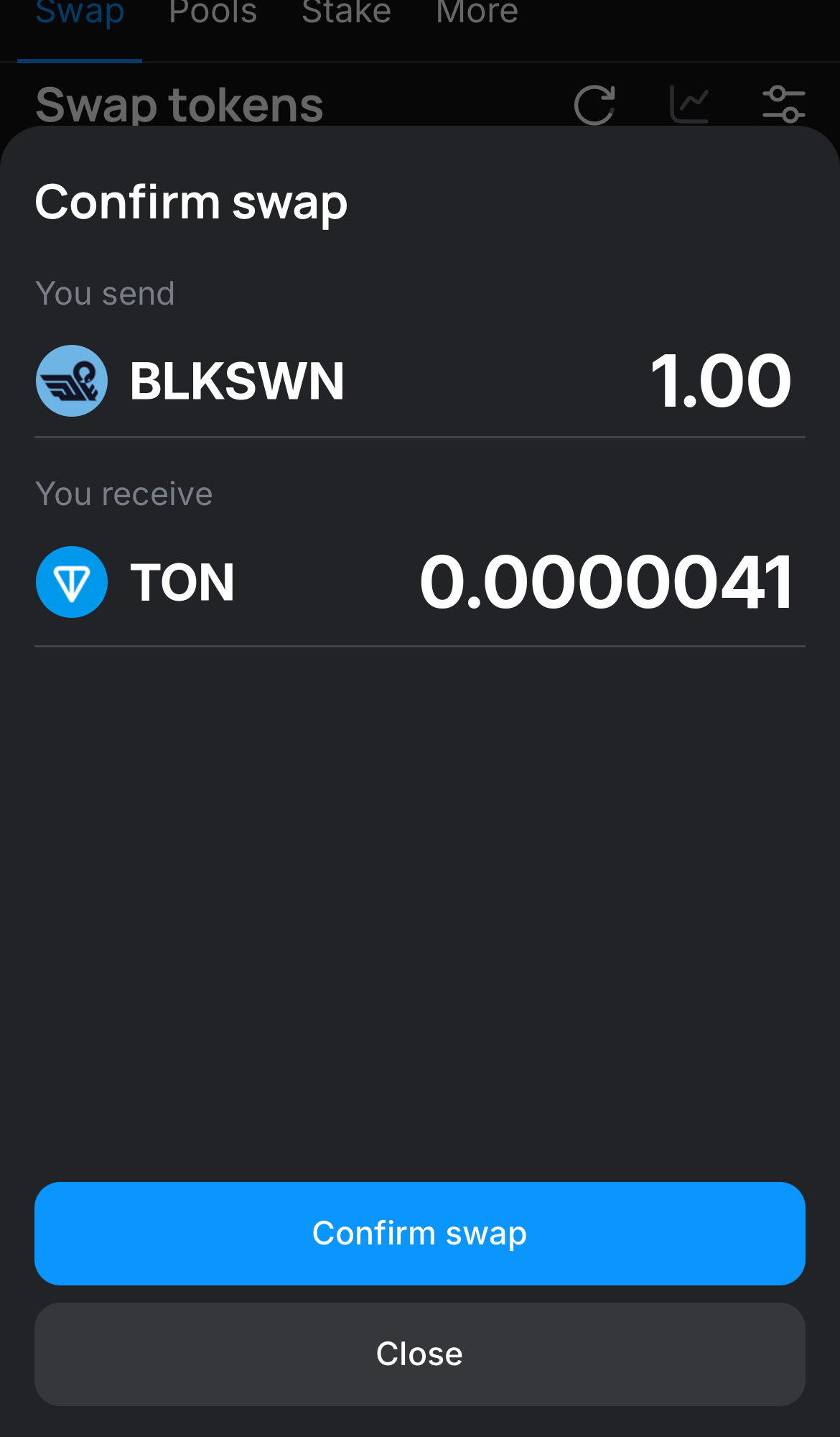 Click ‘Swap‘, double-check the details, and confirm the transaction by clicking the ‘Confirm swap‘ button.