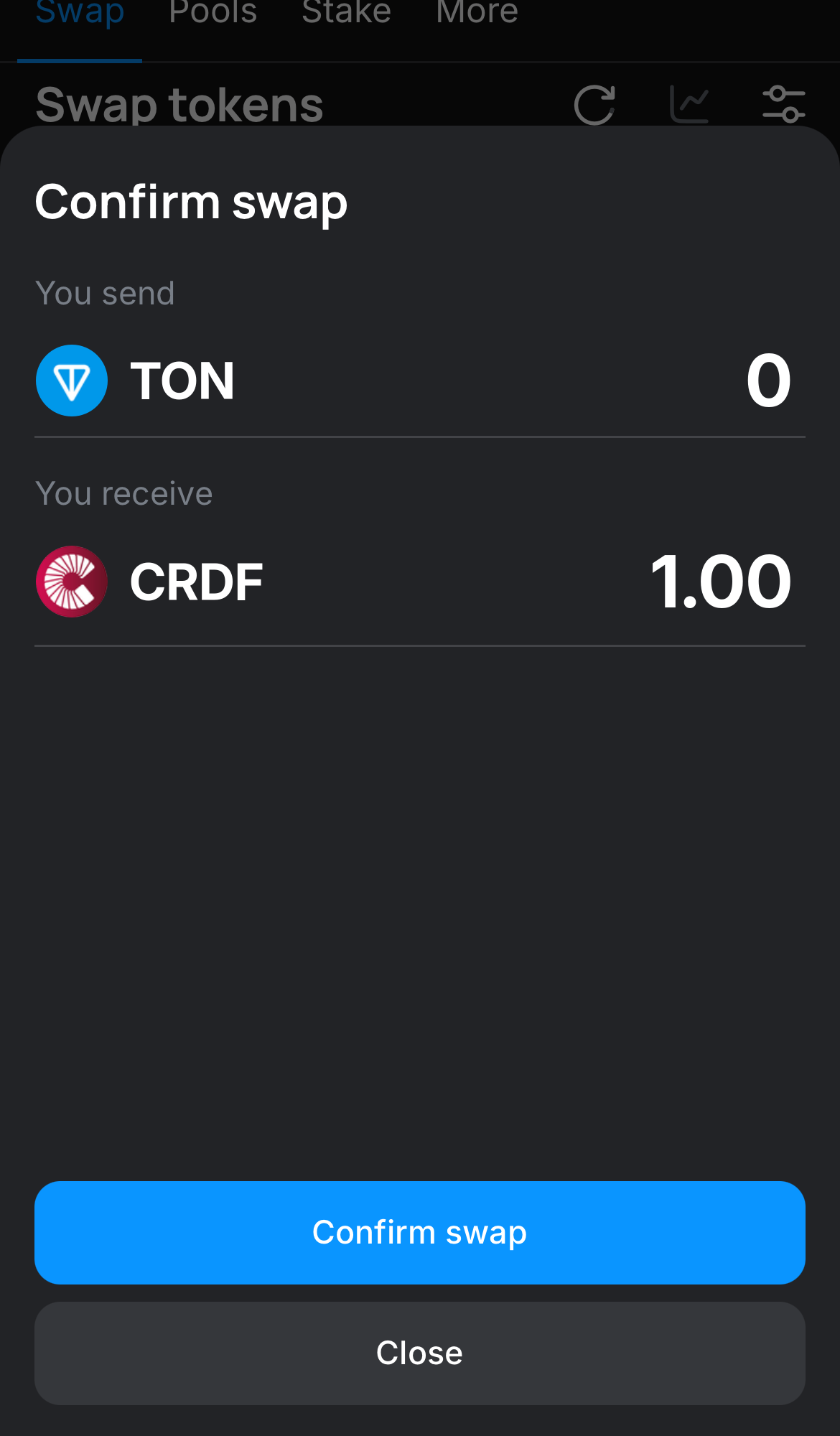 Cliquez sur ‘Swap‘, vérifiez les détails, puis confirmez la transaction en cliquant sur le bouton ‘Confirm swap‘.