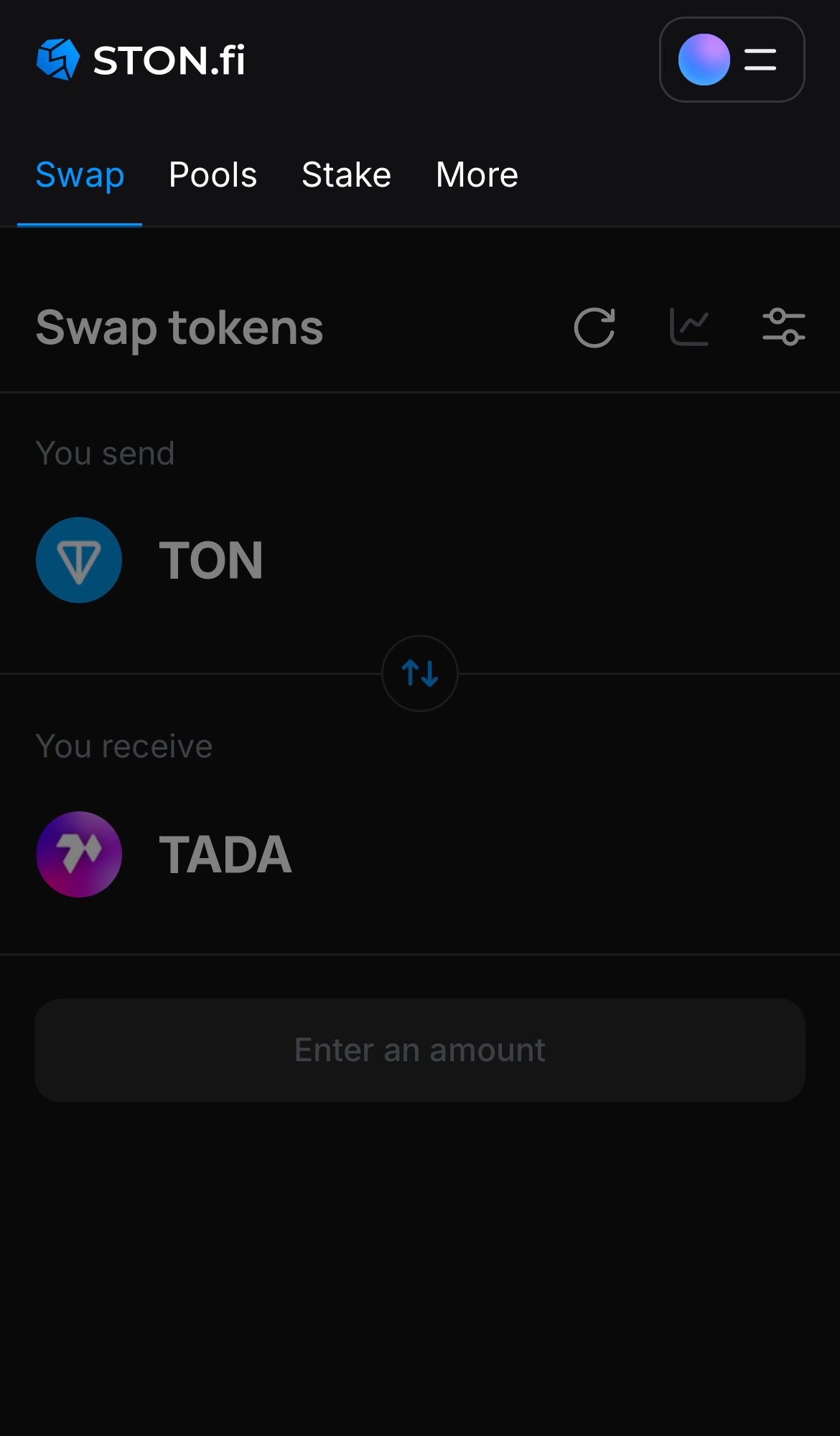 Open the STON.fi app and navigate to the ‘Swap‘ tab.