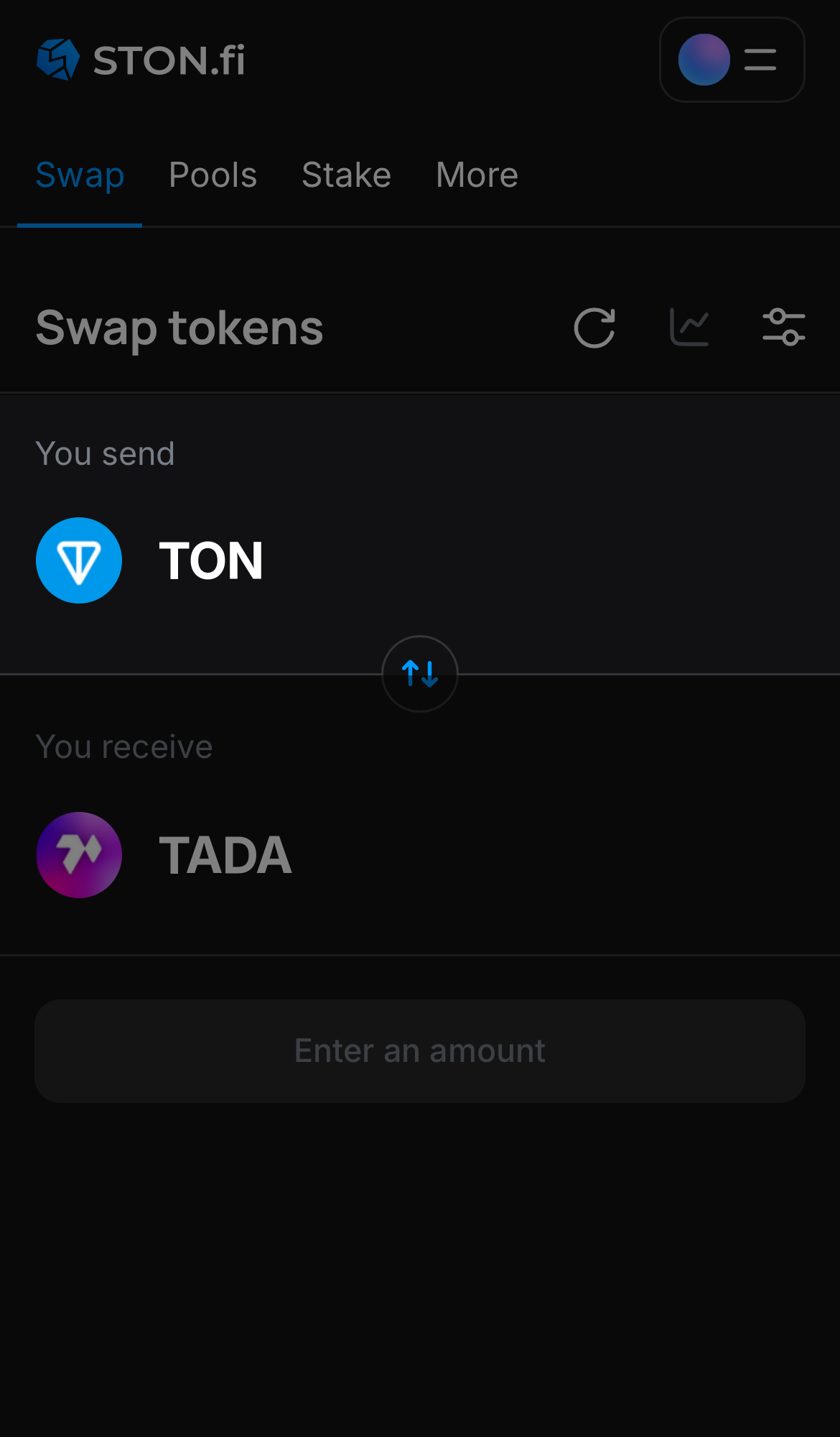 Choose a token in the ‘You send’ box — for example, TON.