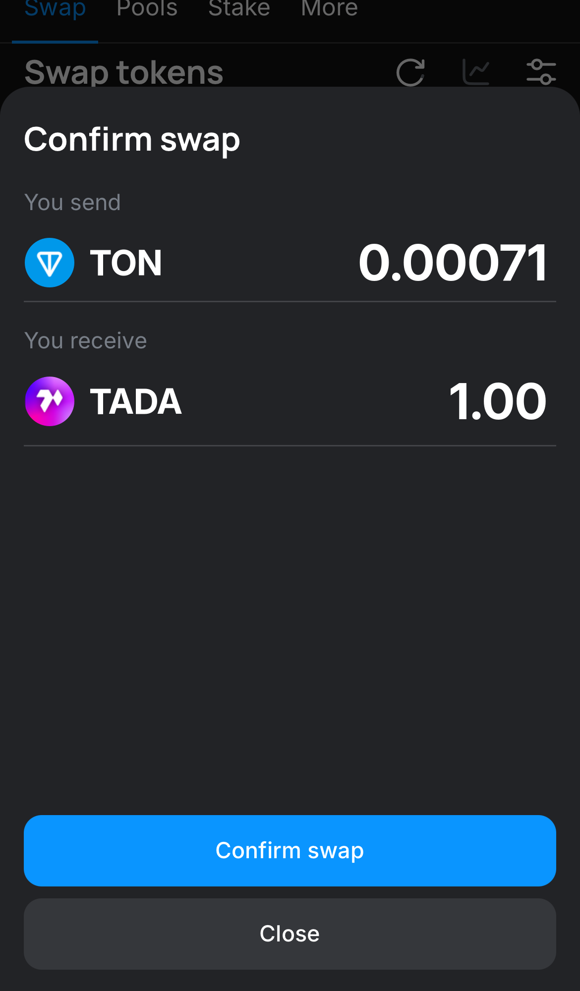 Click ‘Swap‘, double-check the details, and confirm the transaction by clicking the ‘Confirm swap‘ button.