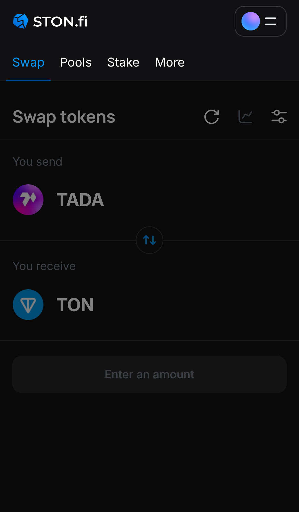 Open the STON.fi app and navigate to the ‘Swap‘ tab.