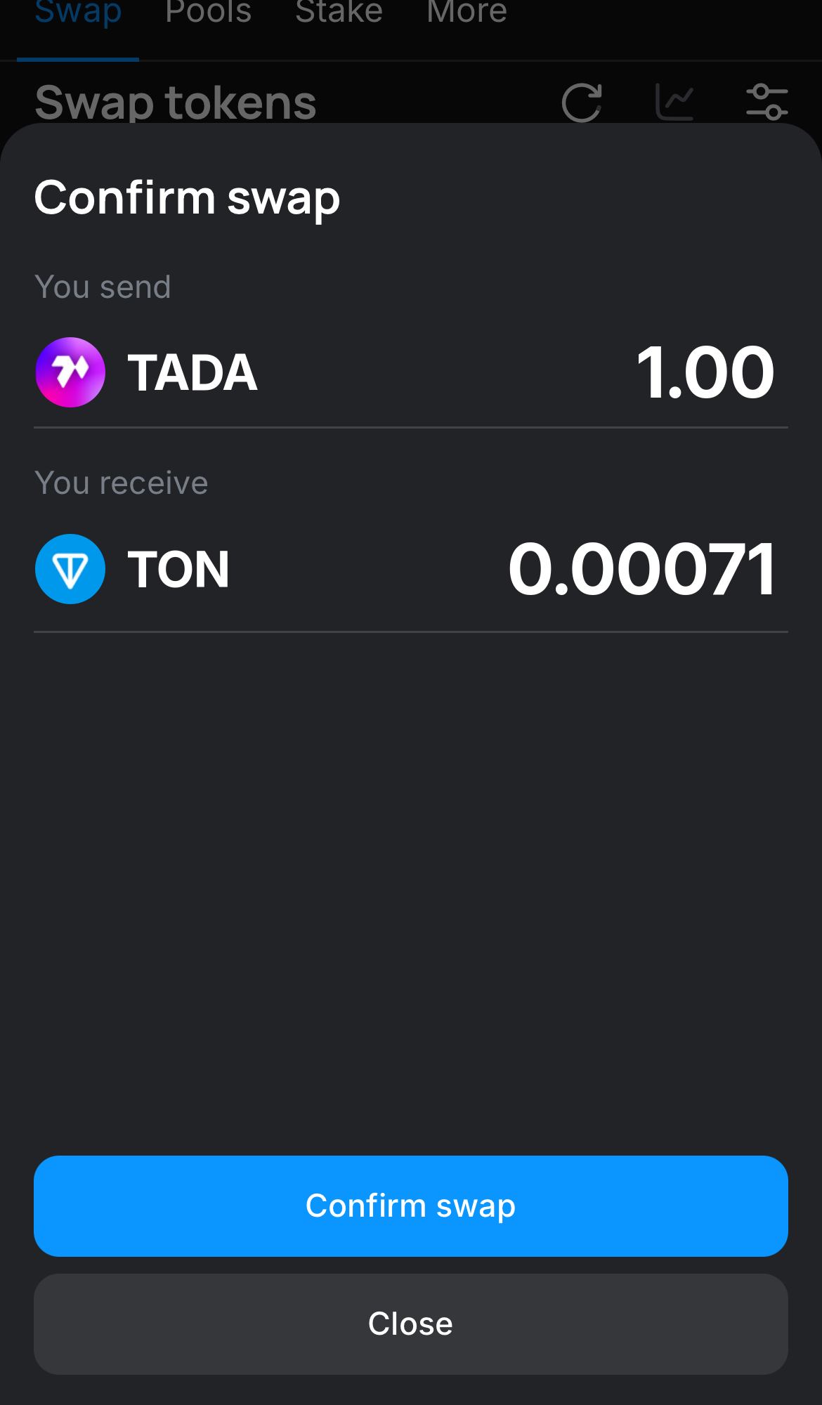 Click ‘Swap‘, double-check the details, and confirm the transaction by clicking the ‘Confirm swap‘ button.