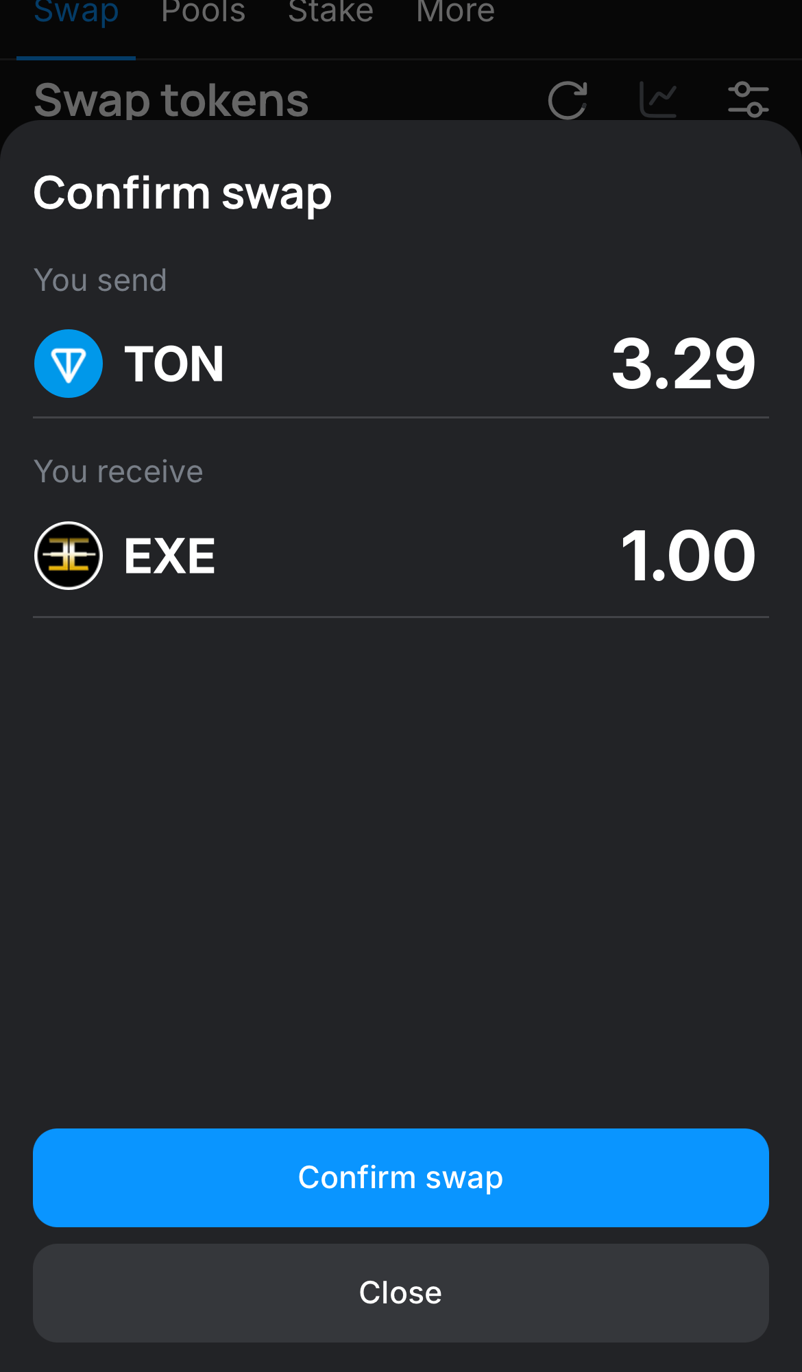 Haz clic en ‘Swap‘, revisa los detalles y confirma la transacción haciendo clic en el botón ‘Confirm swap‘.