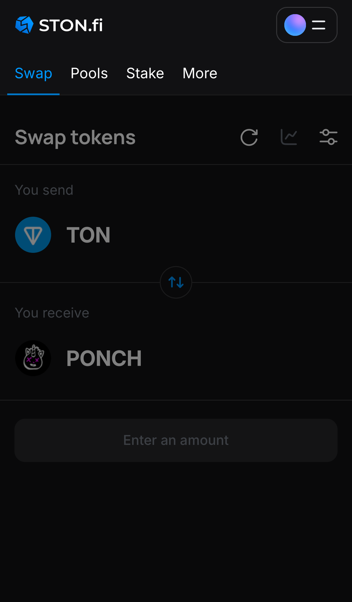 Open the STON.fi app and navigate to the ‘Swap‘ tab.