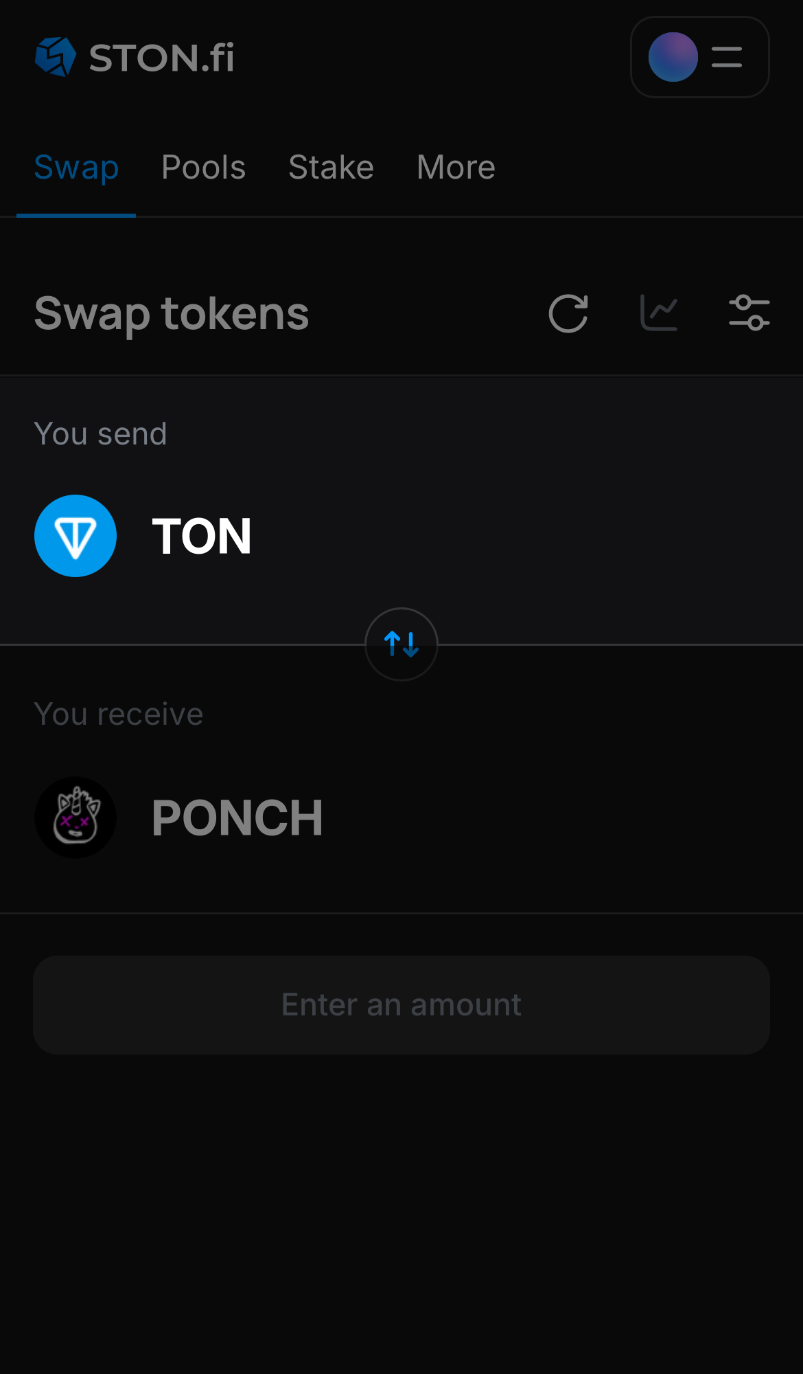 Choose a token in the ‘You send’ box — for example, TON.
