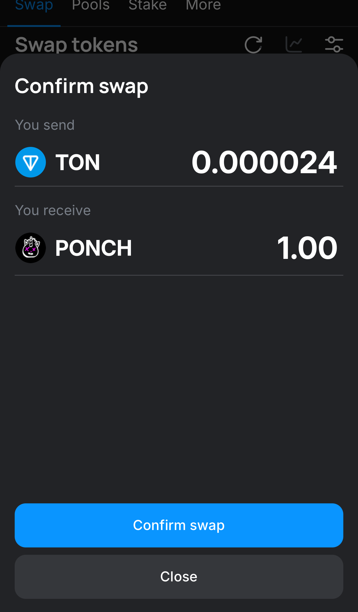 Click ‘Swap‘, double-check the details, and confirm the transaction by clicking the ‘Confirm swap‘ button.