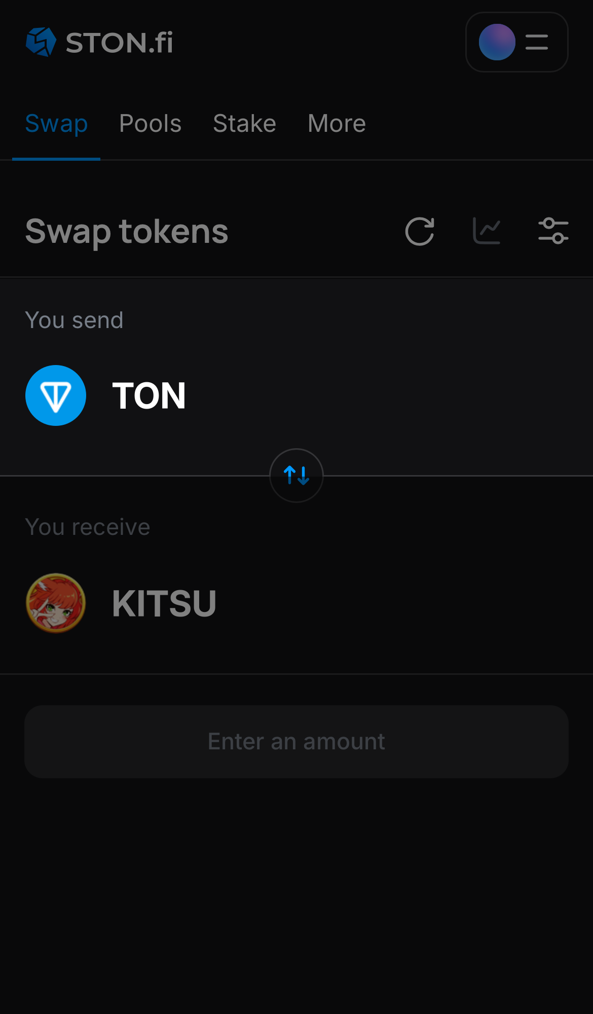 Elige un token en la casilla ‘You send’ — por ejemplo, TON.