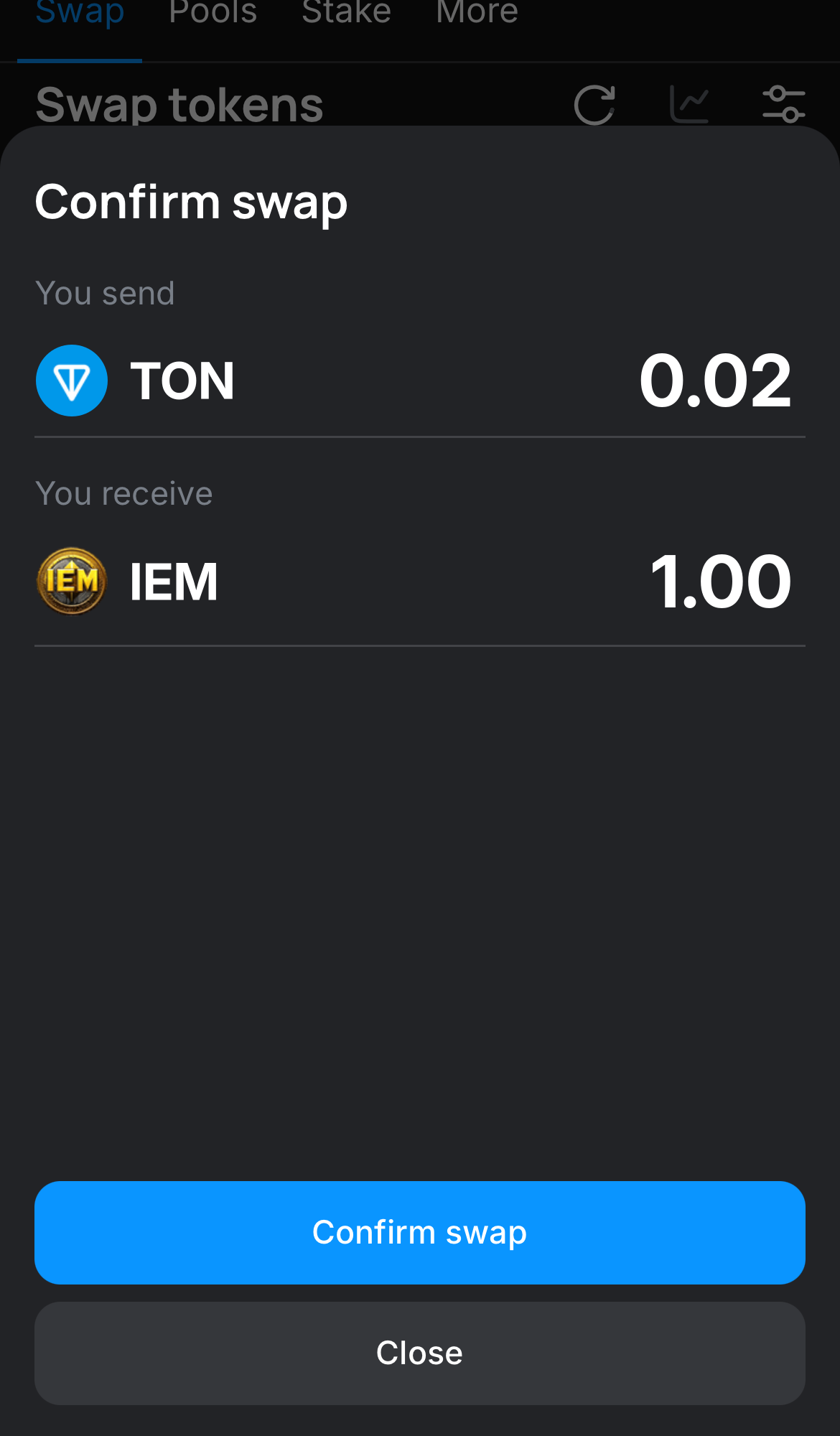 Click ‘Swap‘, double-check the details, and confirm the transaction by clicking the ‘Confirm swap‘ button.