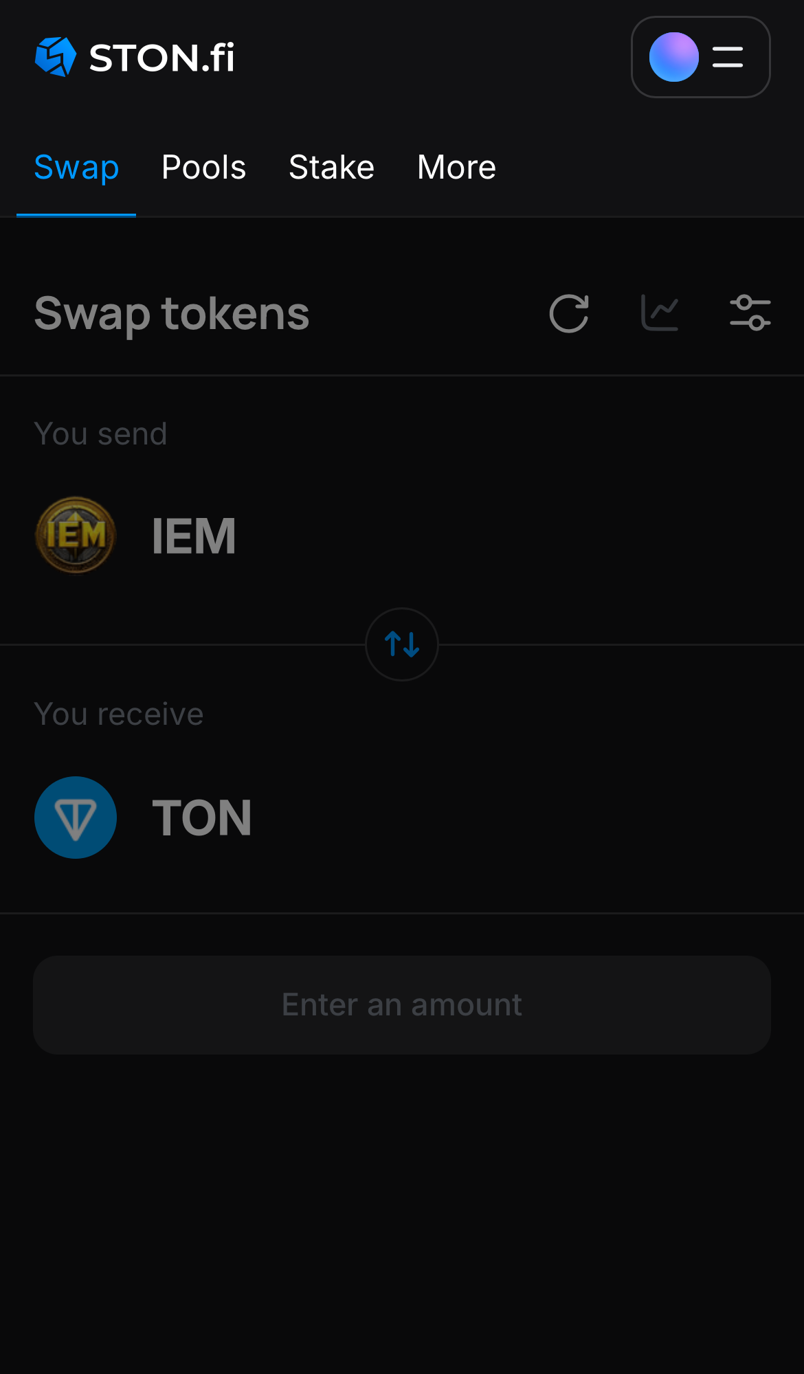 Open the STON.fi app and navigate to the ‘Swap‘ tab.