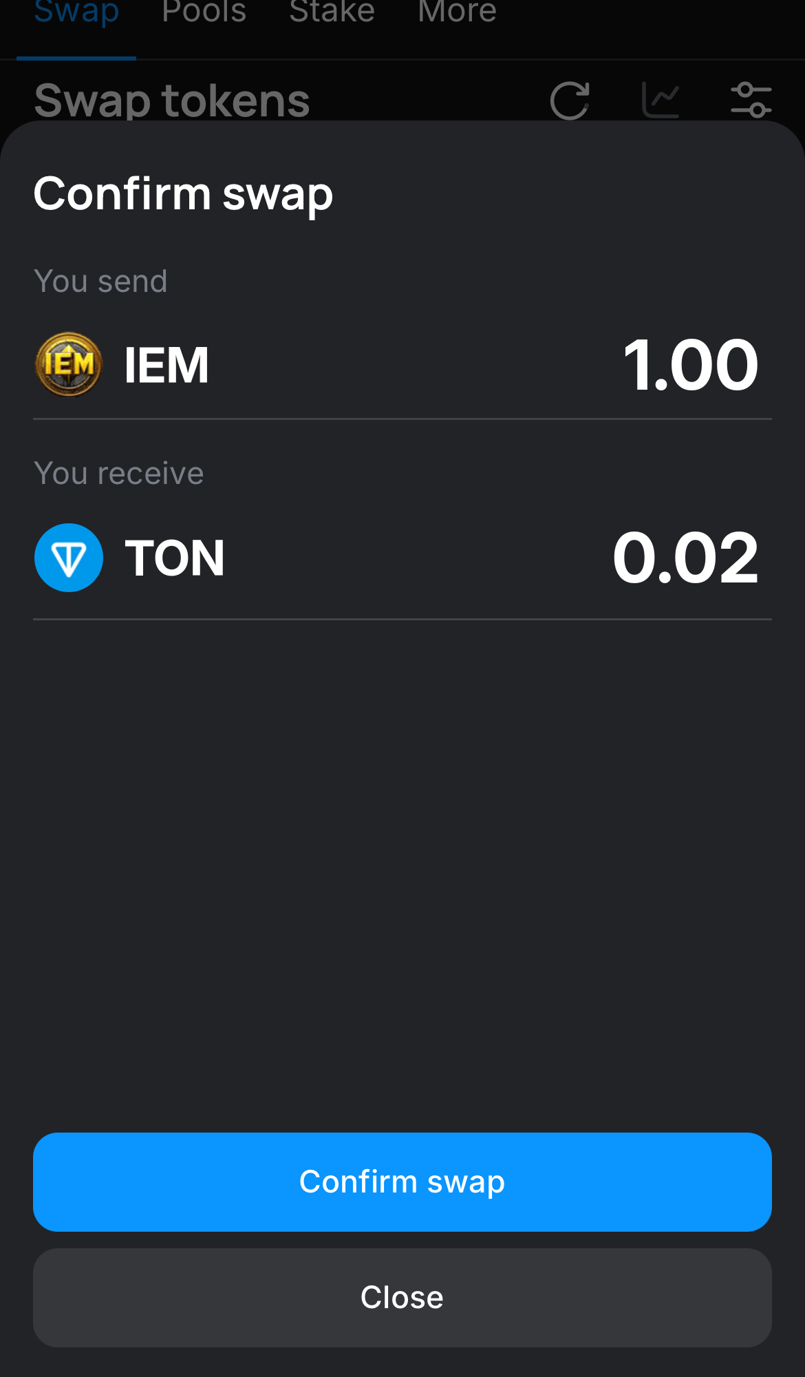 Click ‘Swap‘, double-check the details, and confirm the transaction by clicking the ‘Confirm swap‘ button.