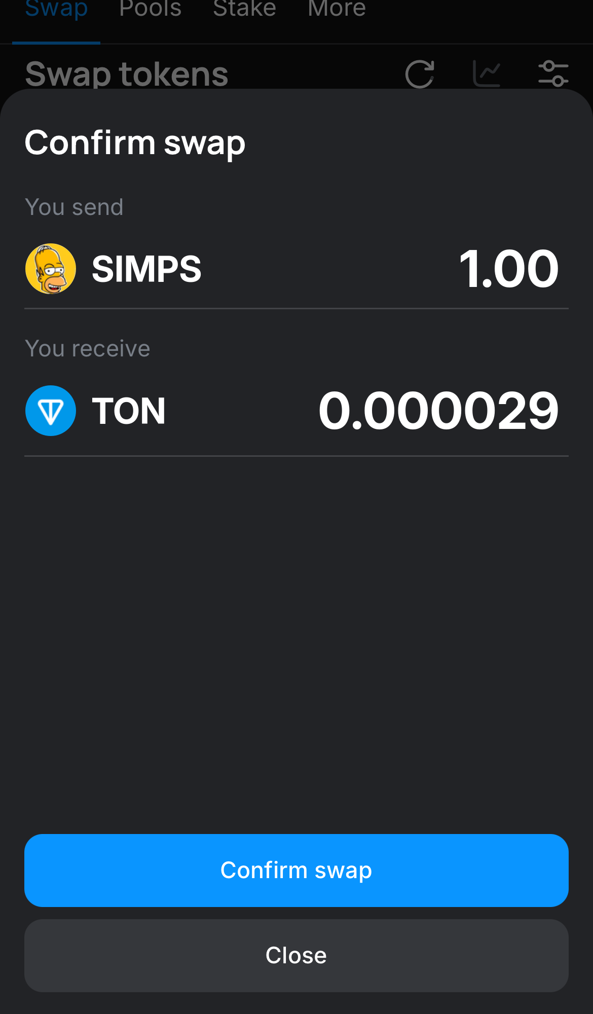 Cliquez sur ‘Swap‘, vérifiez les détails, puis confirmez la transaction en cliquant sur le bouton ‘Confirm swap‘.