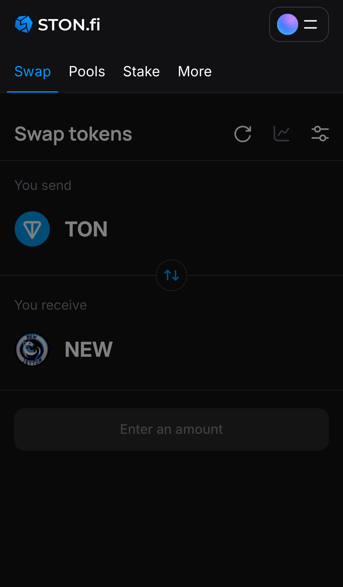 Open the STON.fi app and navigate to the ‘Swap‘ tab.