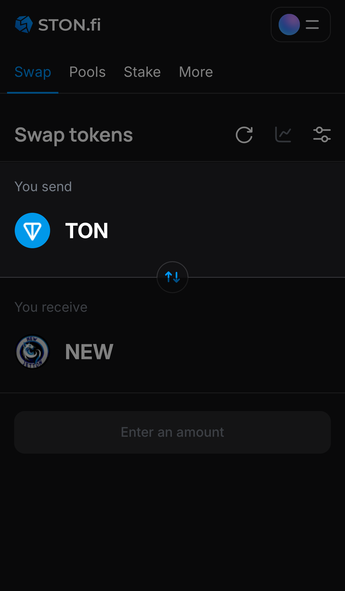 Choose a token in the ‘You send’ box — for example, TON.
