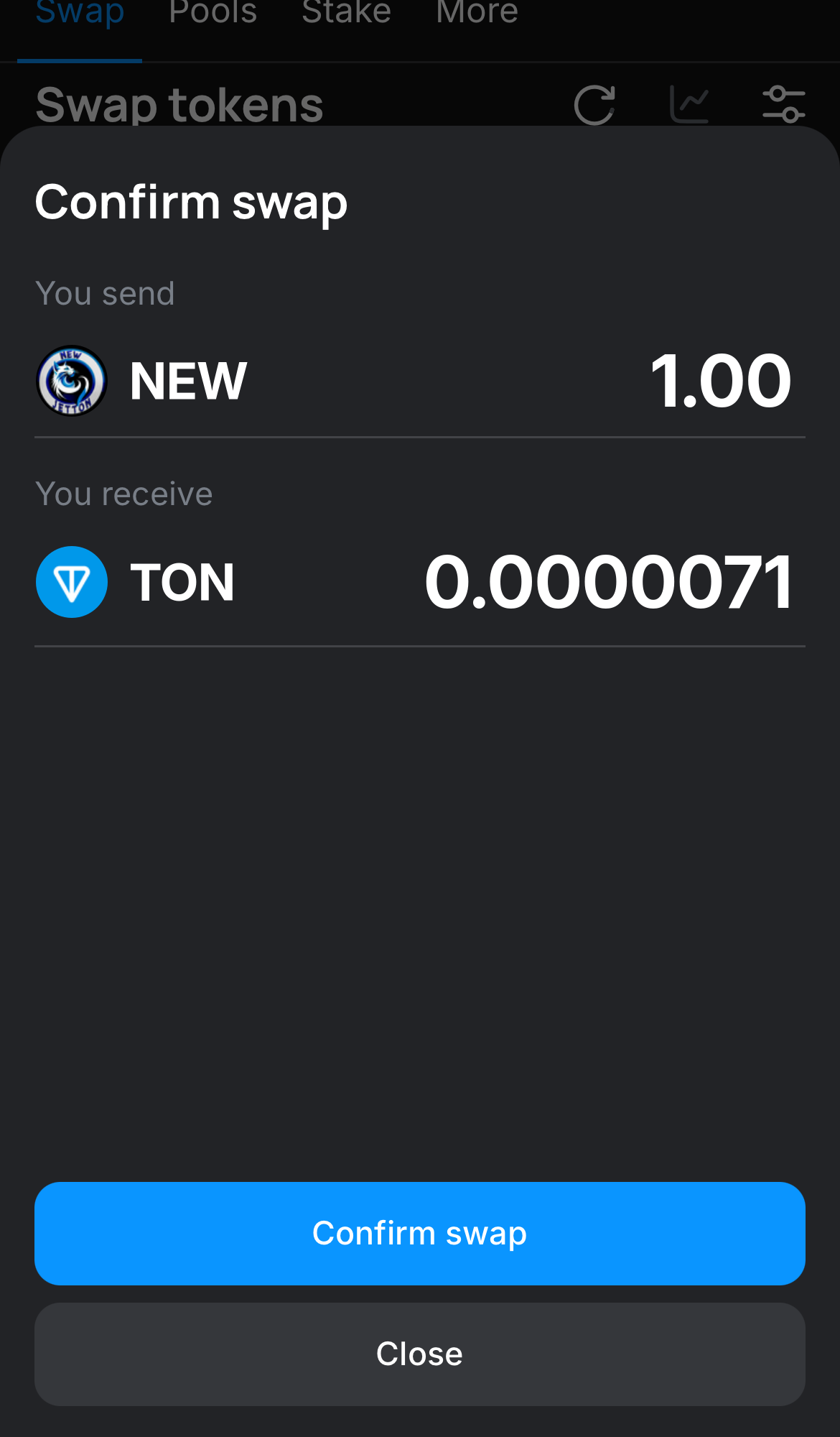 Click ‘Swap‘, double-check the details, and confirm the transaction by clicking the ‘Confirm swap‘ button.