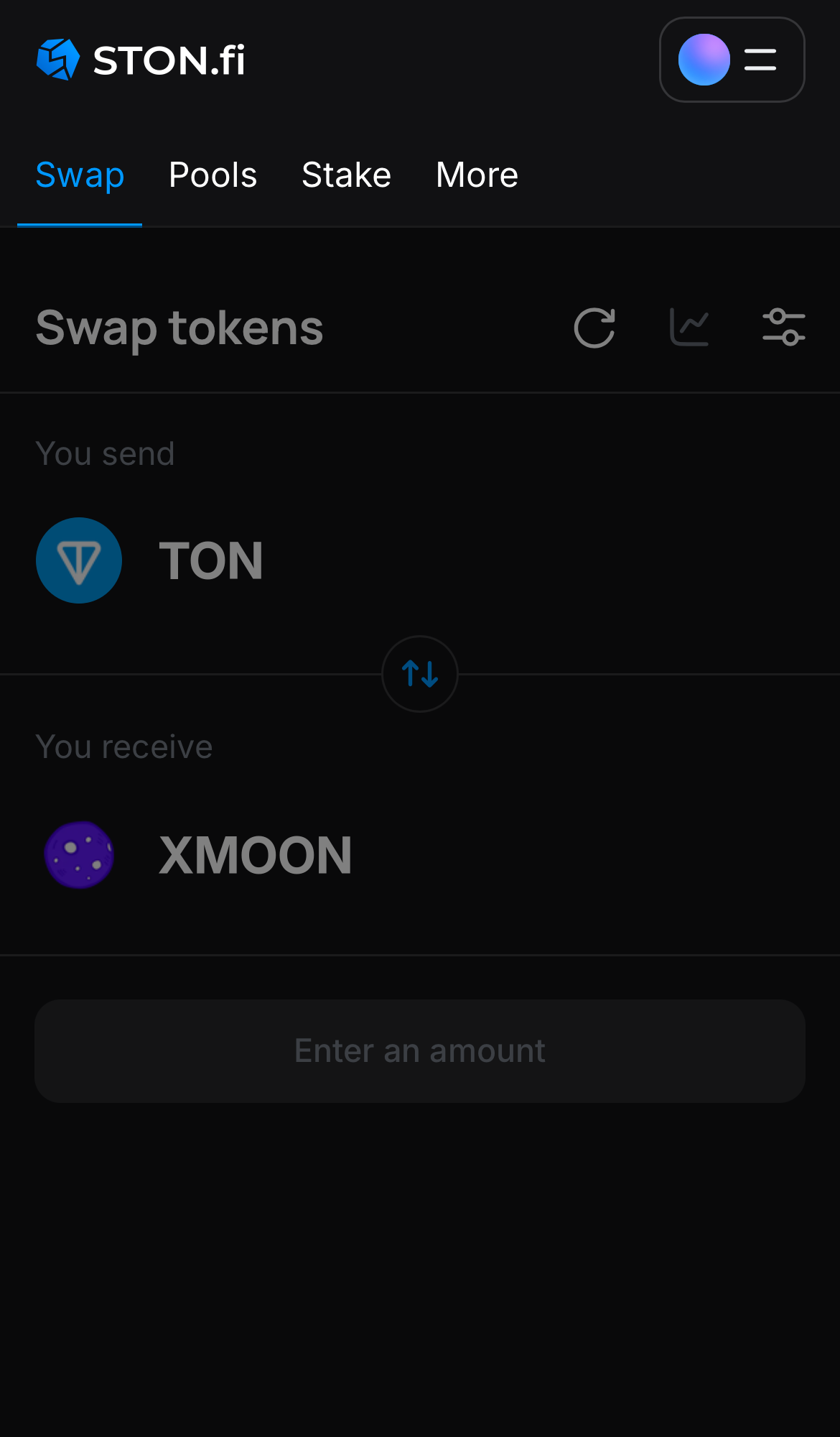 Open the STON.fi app and navigate to the ‘Swap‘ tab.