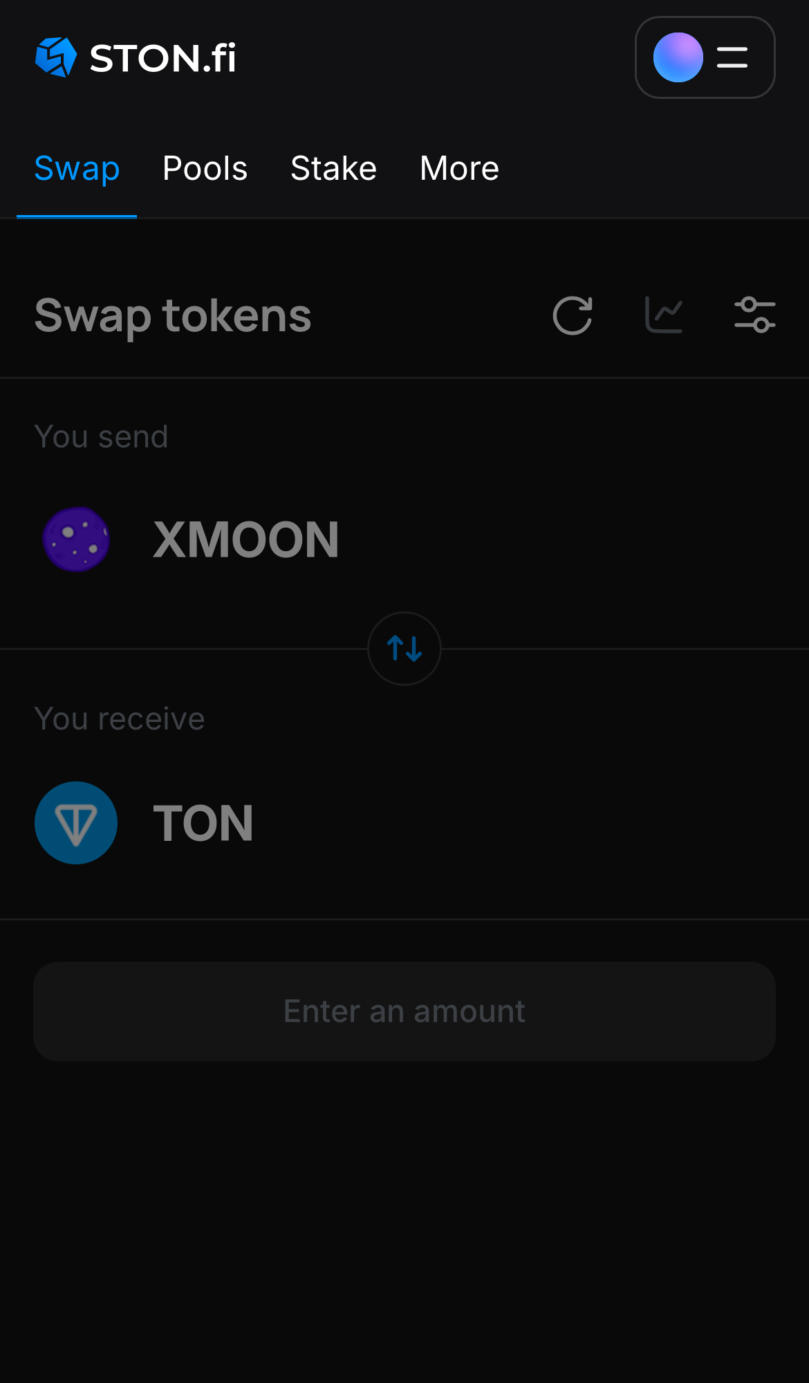 Open the STON.fi app and navigate to the ‘Swap‘ tab.