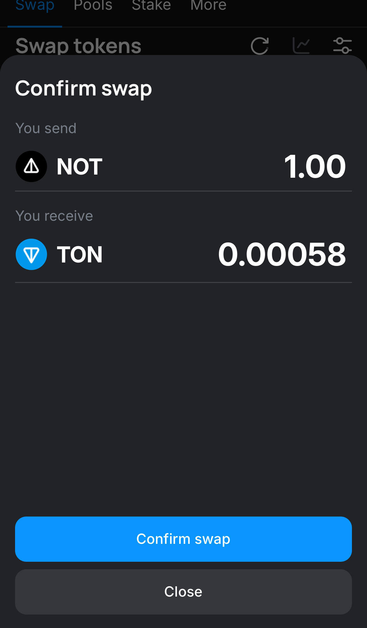 Click ‘Swap‘, double-check the details, and confirm the transaction by clicking the ‘Confirm swap‘ button.