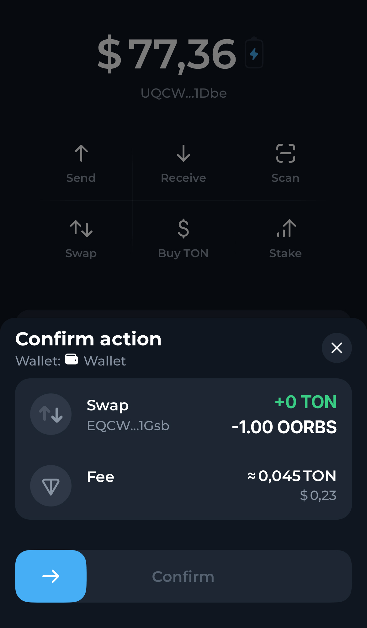 Confirme a troca na notificação pop-up em sua carteira. Em segundos, os tokens TON que você adquiriu aparecerão na sua carteira, visíveis na página principal de ativos.