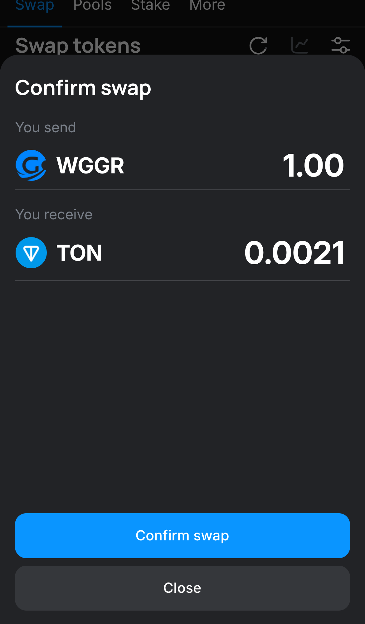 Click ‘Swap‘, double-check the details, and confirm the transaction by clicking the ‘Confirm swap‘ button.