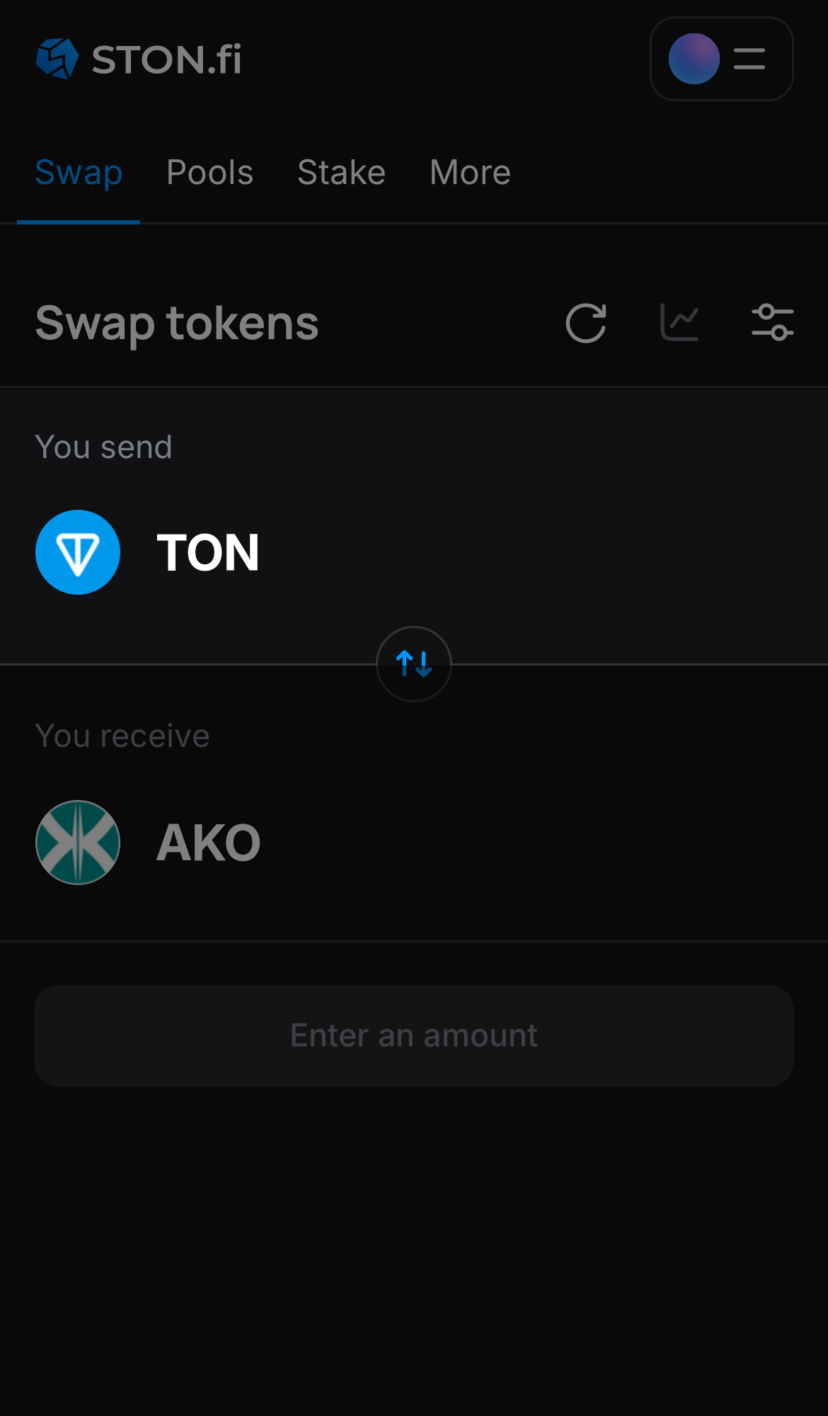 Elige un token en la casilla ‘You send’ — por ejemplo, TON.