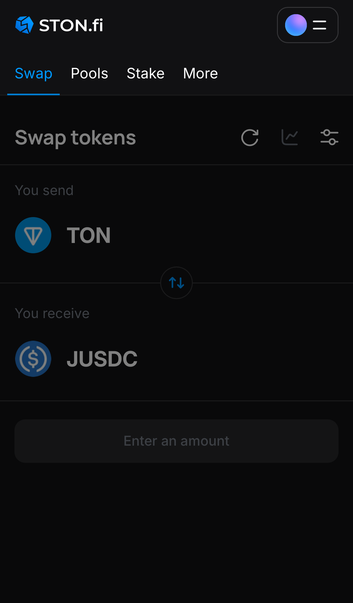 Open the STON.fi app and navigate to the ‘Swap‘ tab.