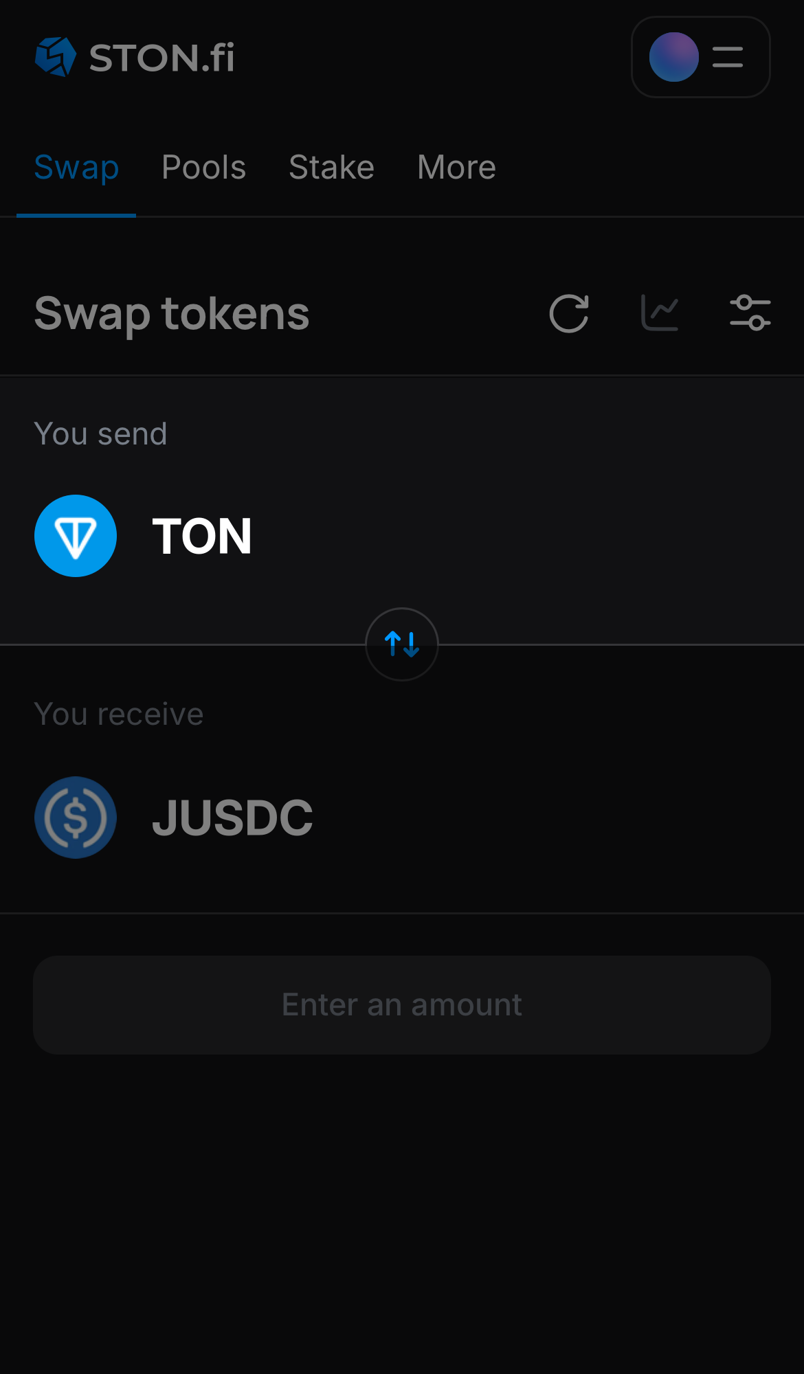 Choose a token in the ‘You send’ box — for example, TON.