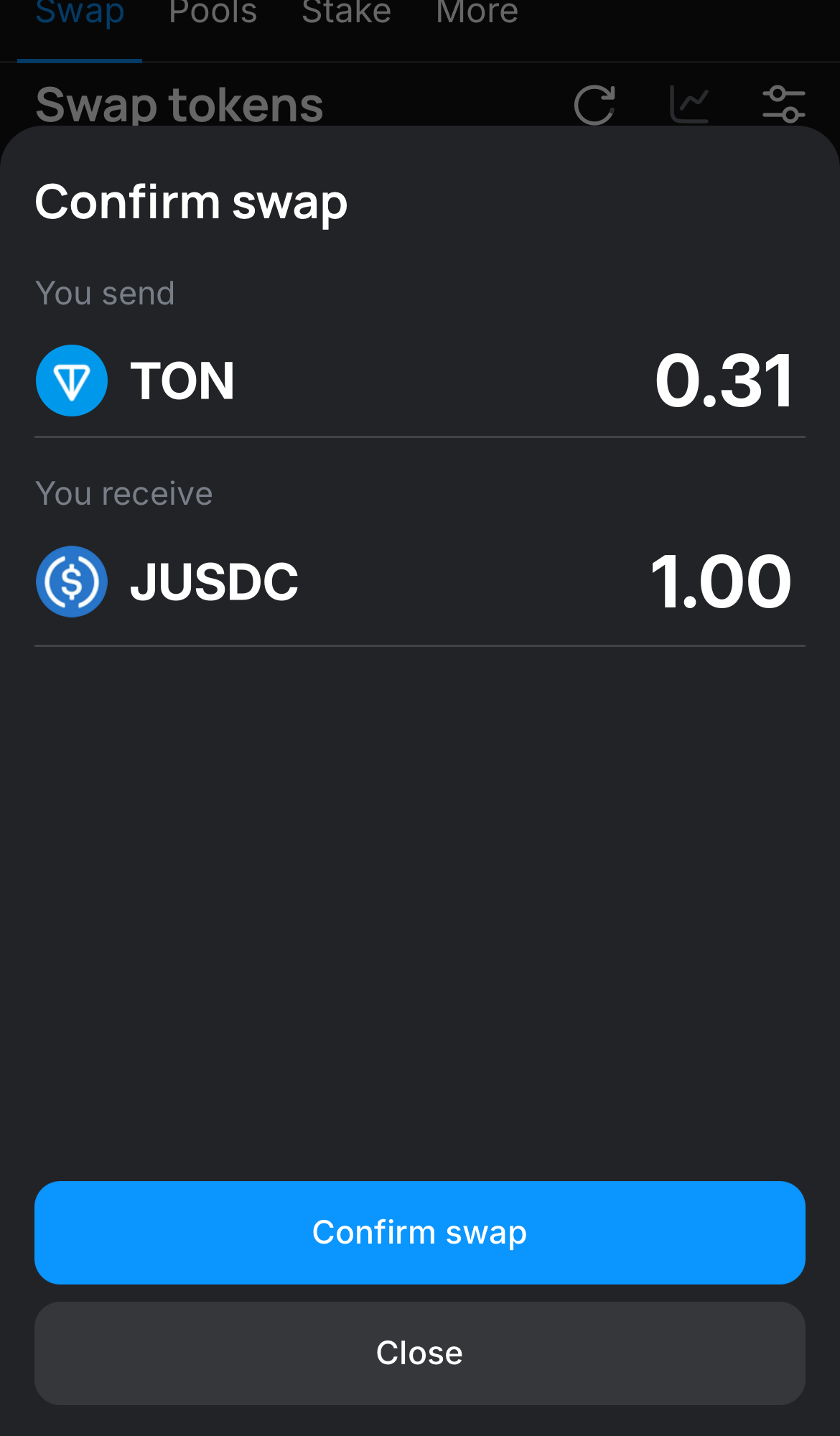 Click ‘Swap‘, double-check the details, and confirm the transaction by clicking the ‘Confirm swap‘ button.