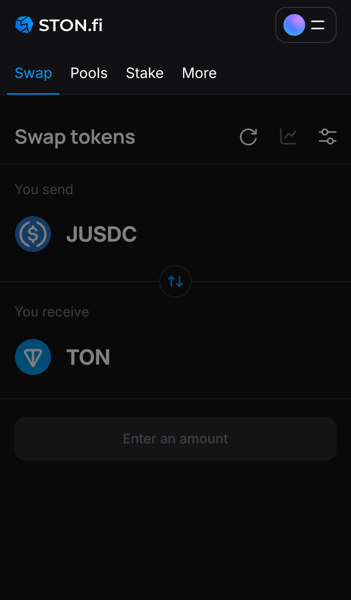Open the STON.fi app and navigate to the ‘Swap‘ tab.