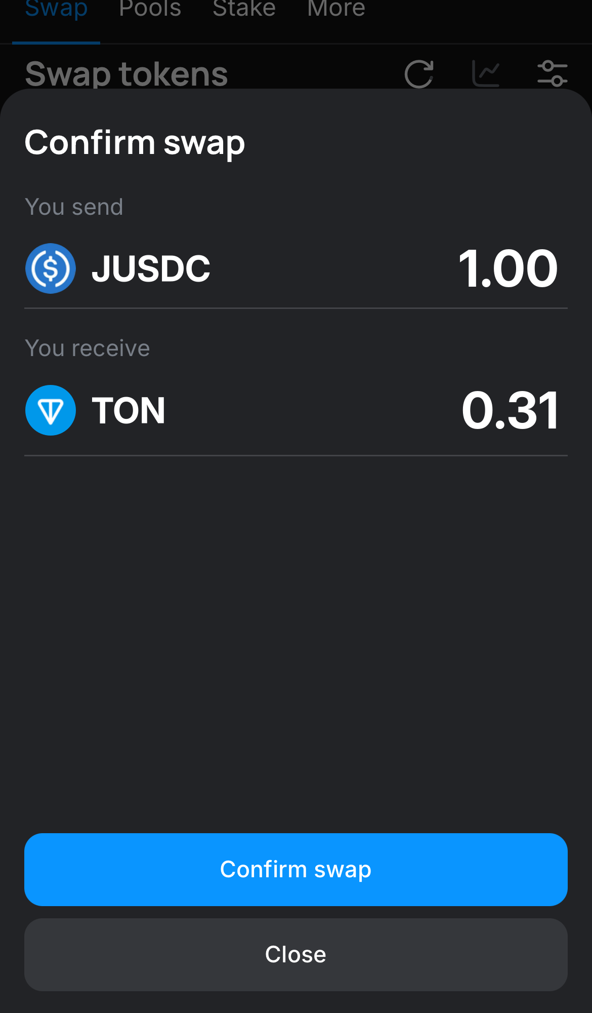 Click ‘Swap‘, double-check the details, and confirm the transaction by clicking the ‘Confirm swap‘ button.