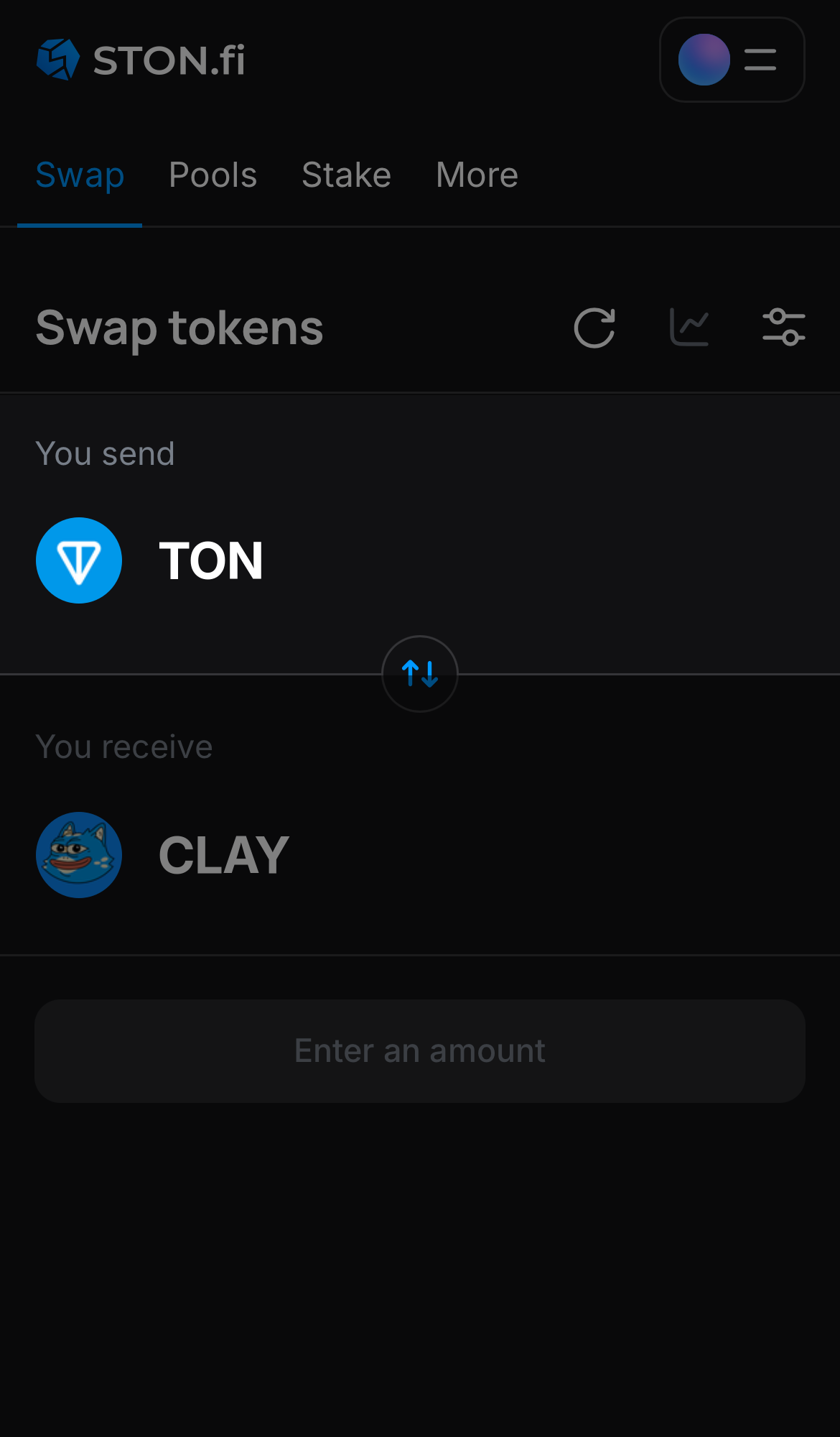 Elige un token en la casilla ‘You send’ — por ejemplo, TON.