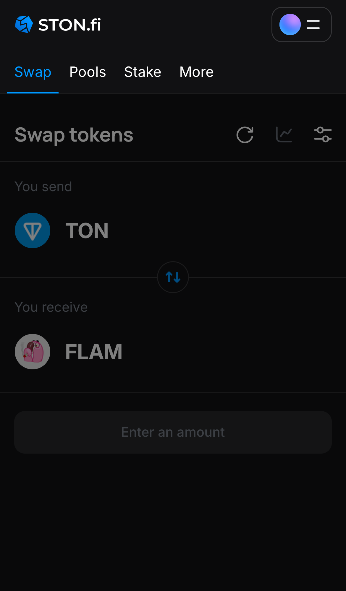 افتح تطبيق STON.fi واذهب إلى تبويب "Swap".