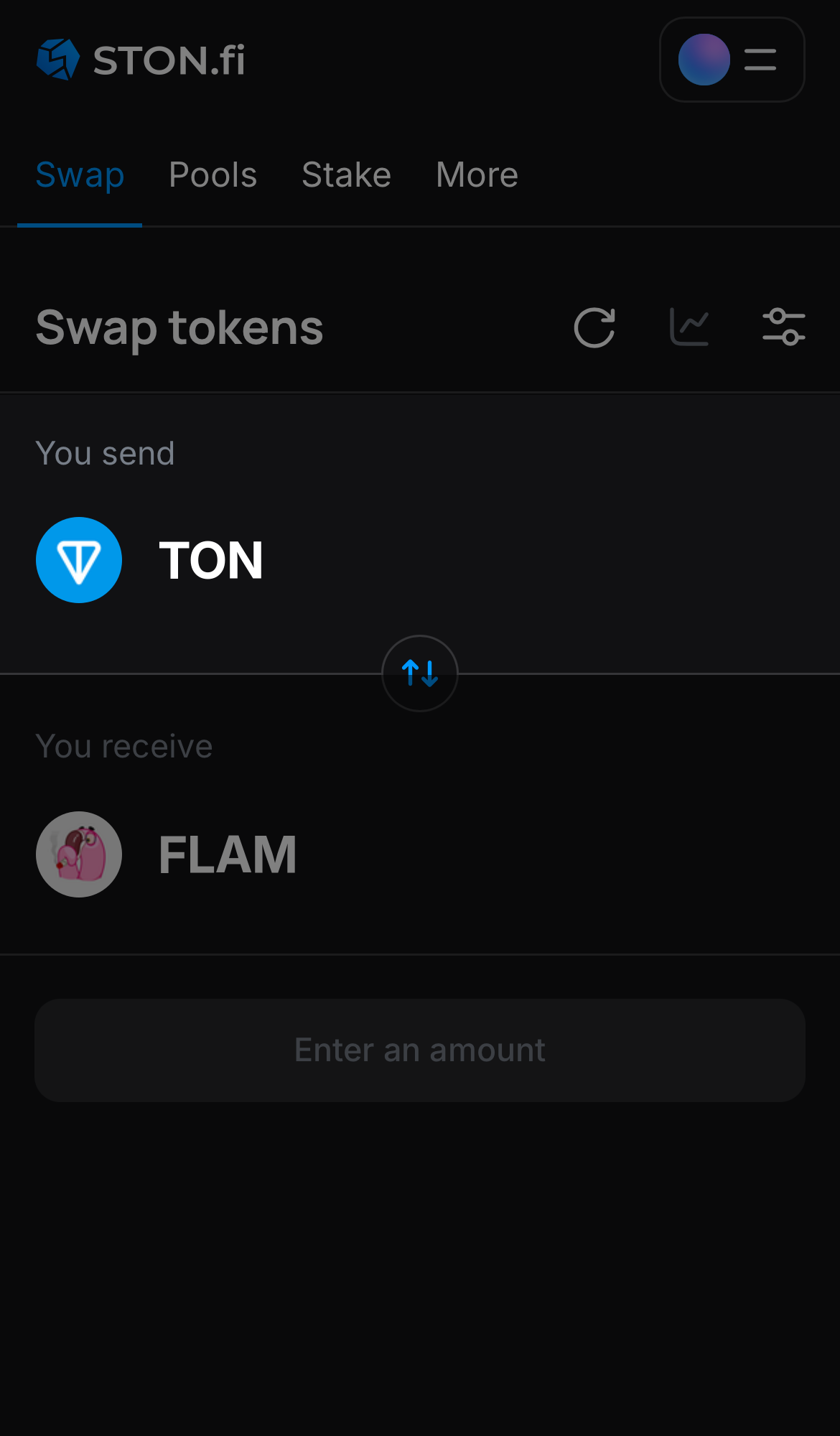 اختر رمزًا في مربع "You send" — على سبيل المثال، TON.