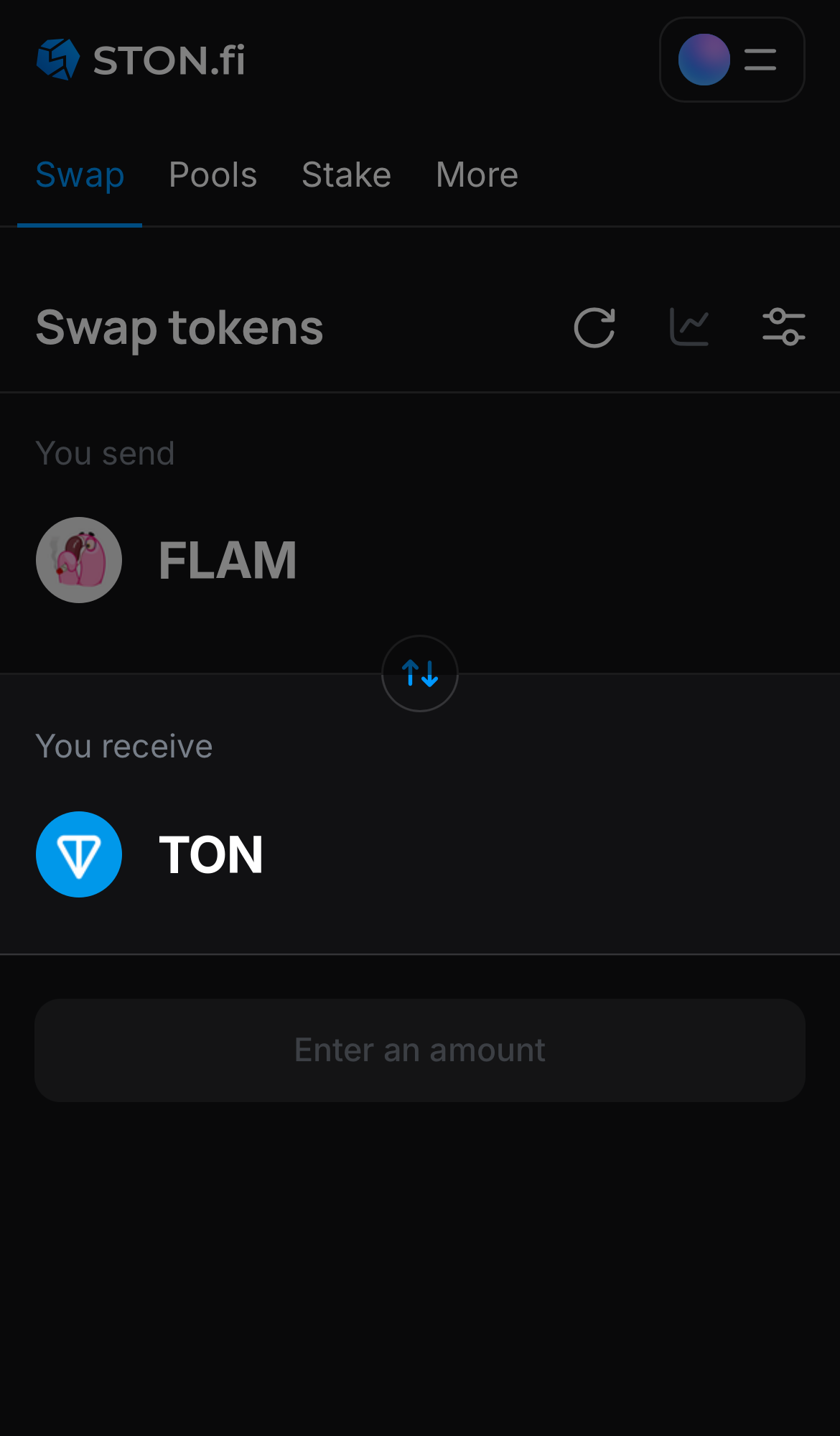 اختر رمزًا في مربع "You receive" — على سبيل المثال، TON.