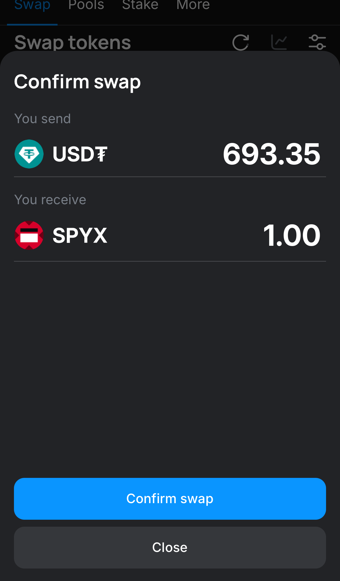 Нажмите на «Swap», дважды проверьте всю информацию и нажмите на кнопку «Confirm swap», чтобы подтвердить транзакцию.