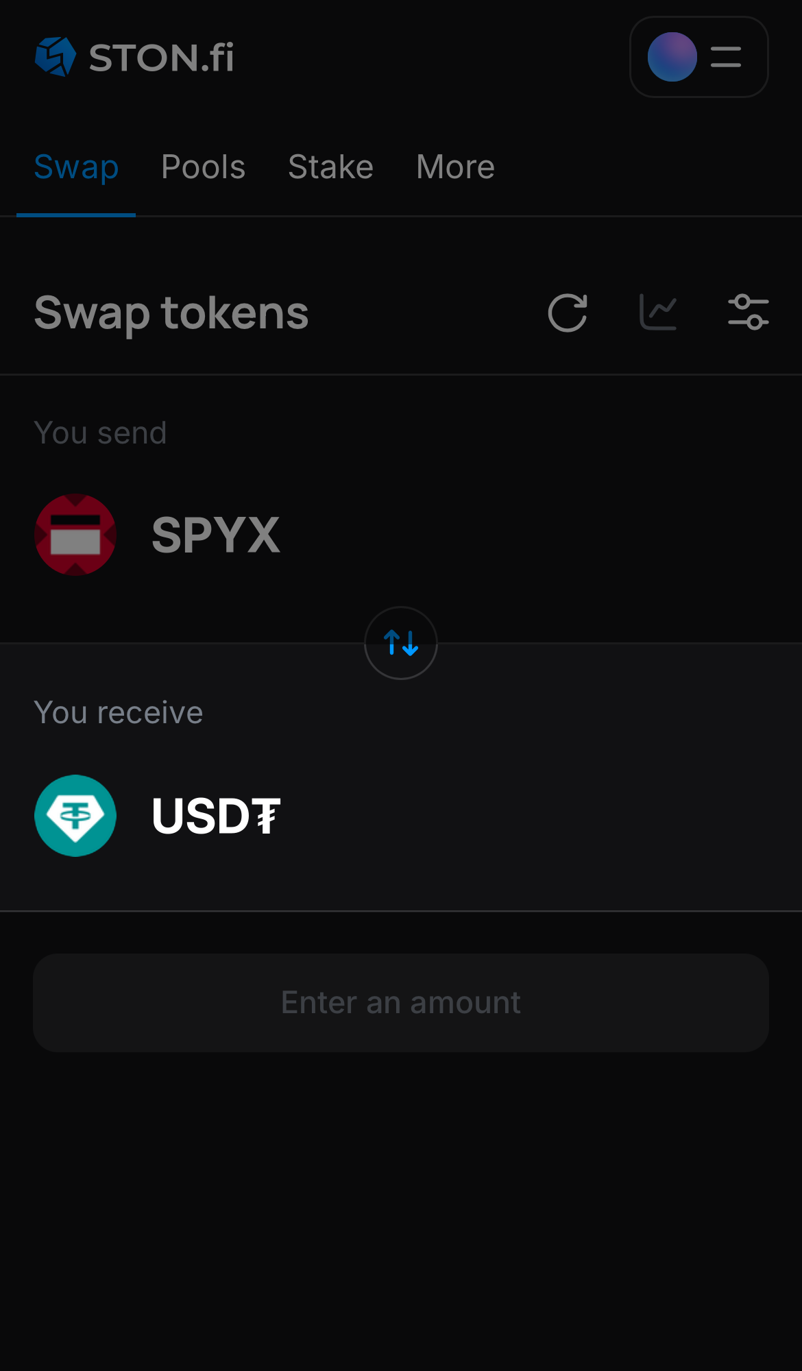 Выберите токен в поле «You receive» — например, USD₮.