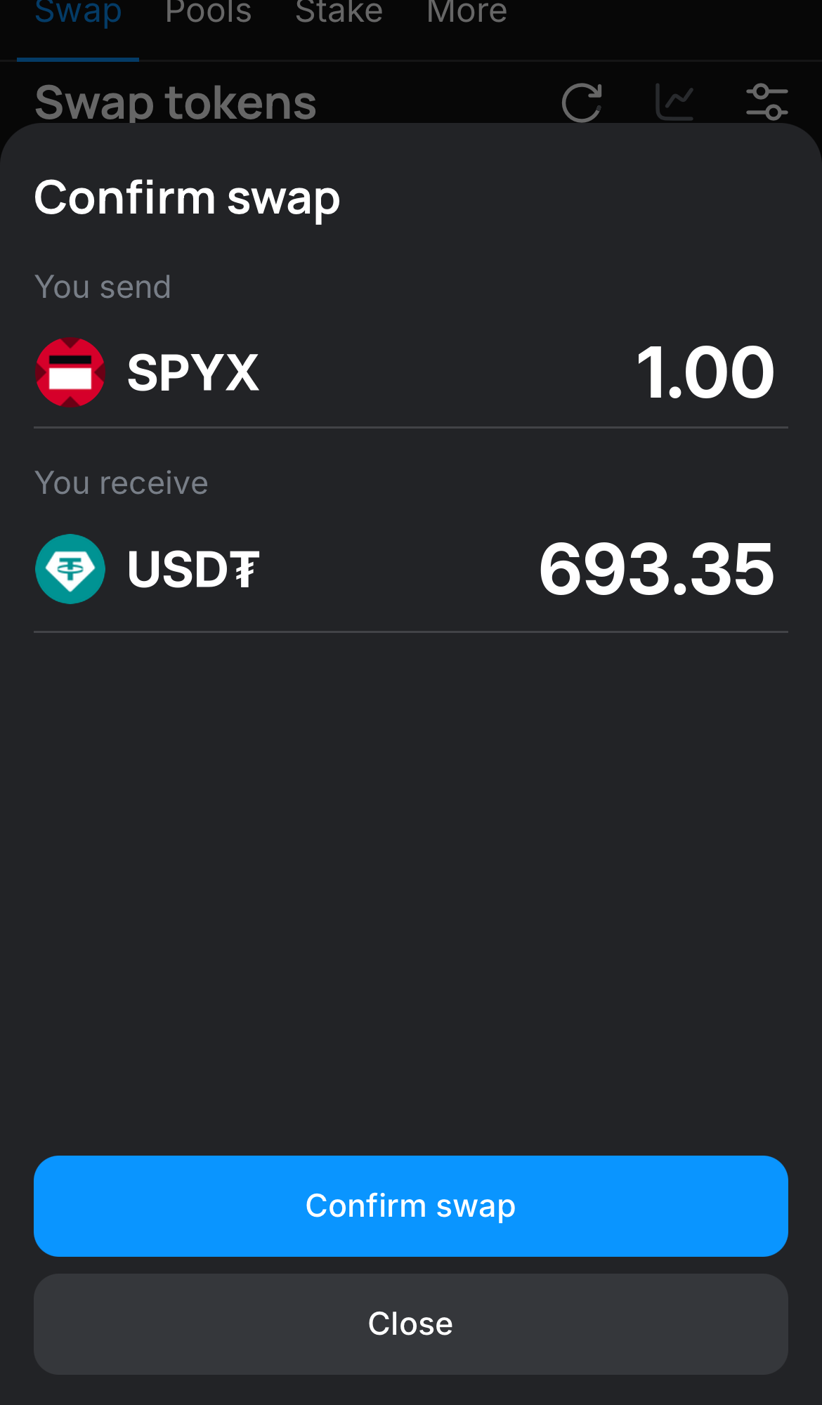 Нажмите на «Swap», дважды проверьте всю информацию и нажмите на кнопку «Confirm swap», чтобы подтвердить транзакцию.