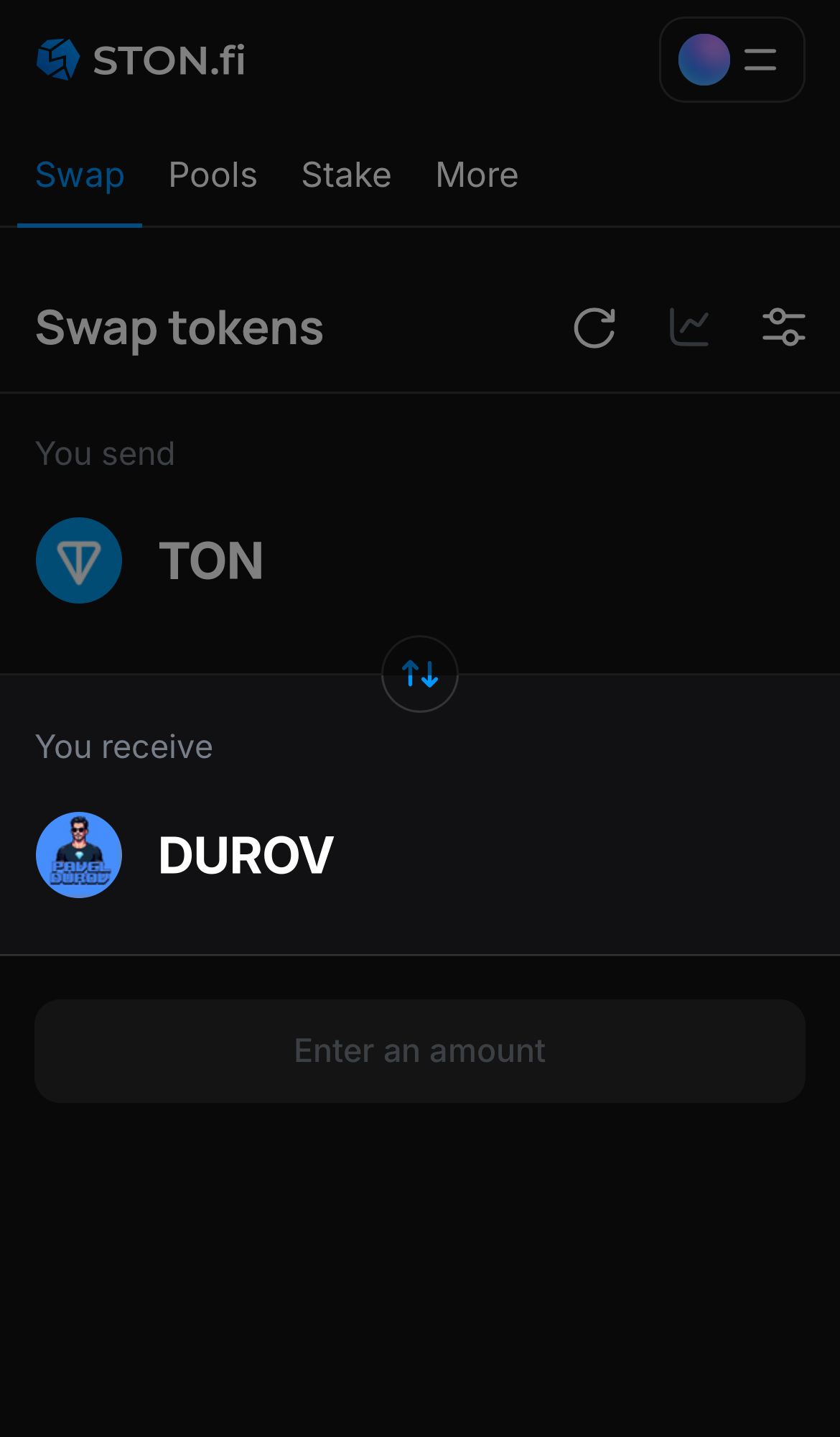 Selecione DUROV na caixa ‘You receive‘.