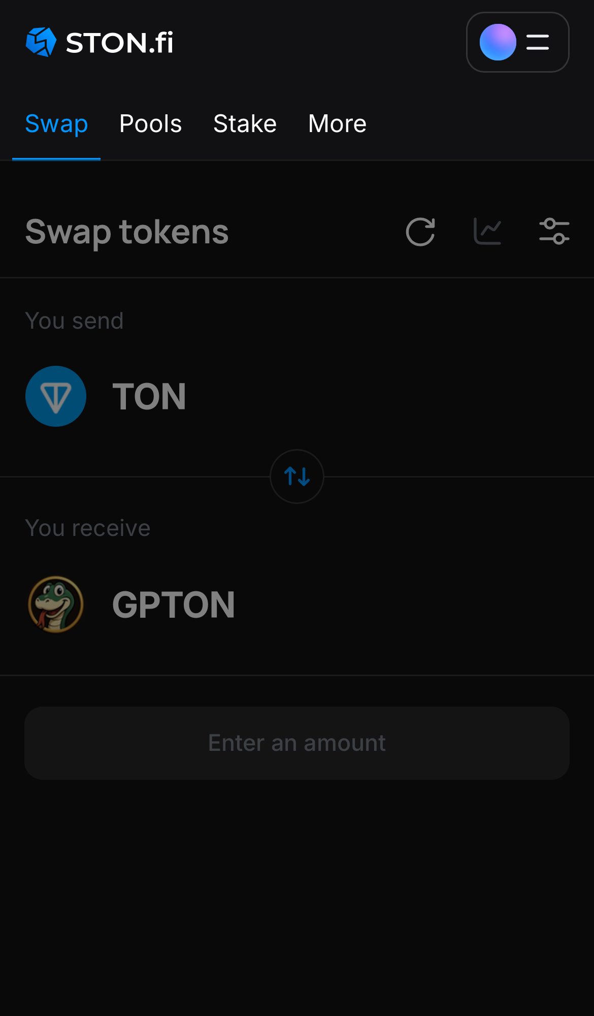 Open the STON.fi app and navigate to the ‘Swap‘ tab.