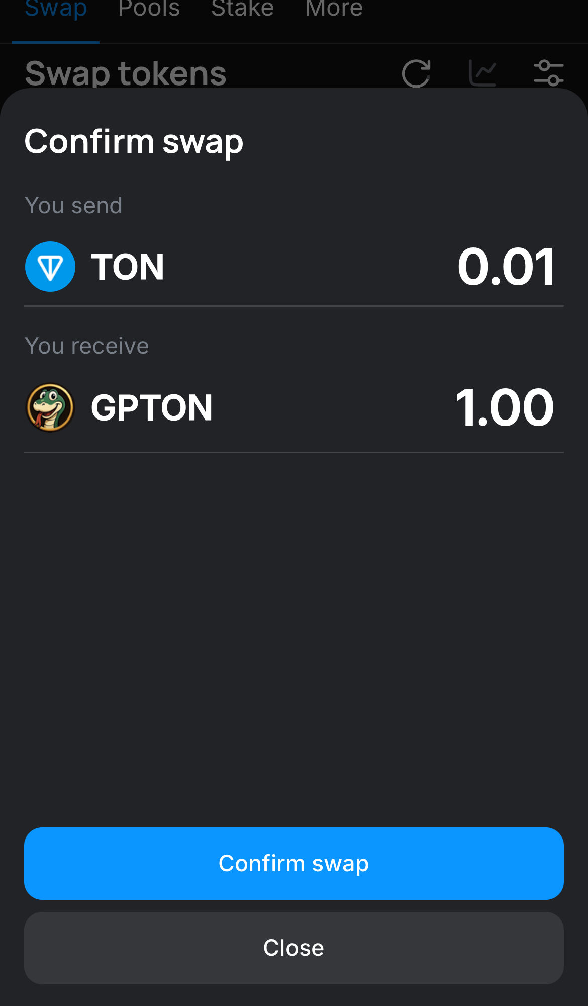 Click ‘Swap‘, double-check the details, and confirm the transaction by clicking the ‘Confirm swap‘ button.
