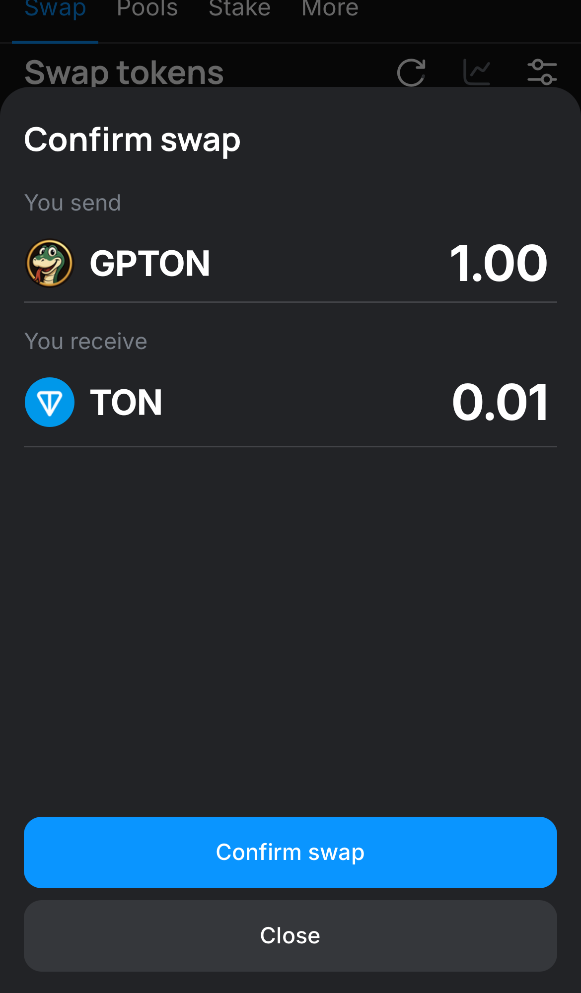 Click ‘Swap‘, double-check the details, and confirm the transaction by clicking the ‘Confirm swap‘ button.