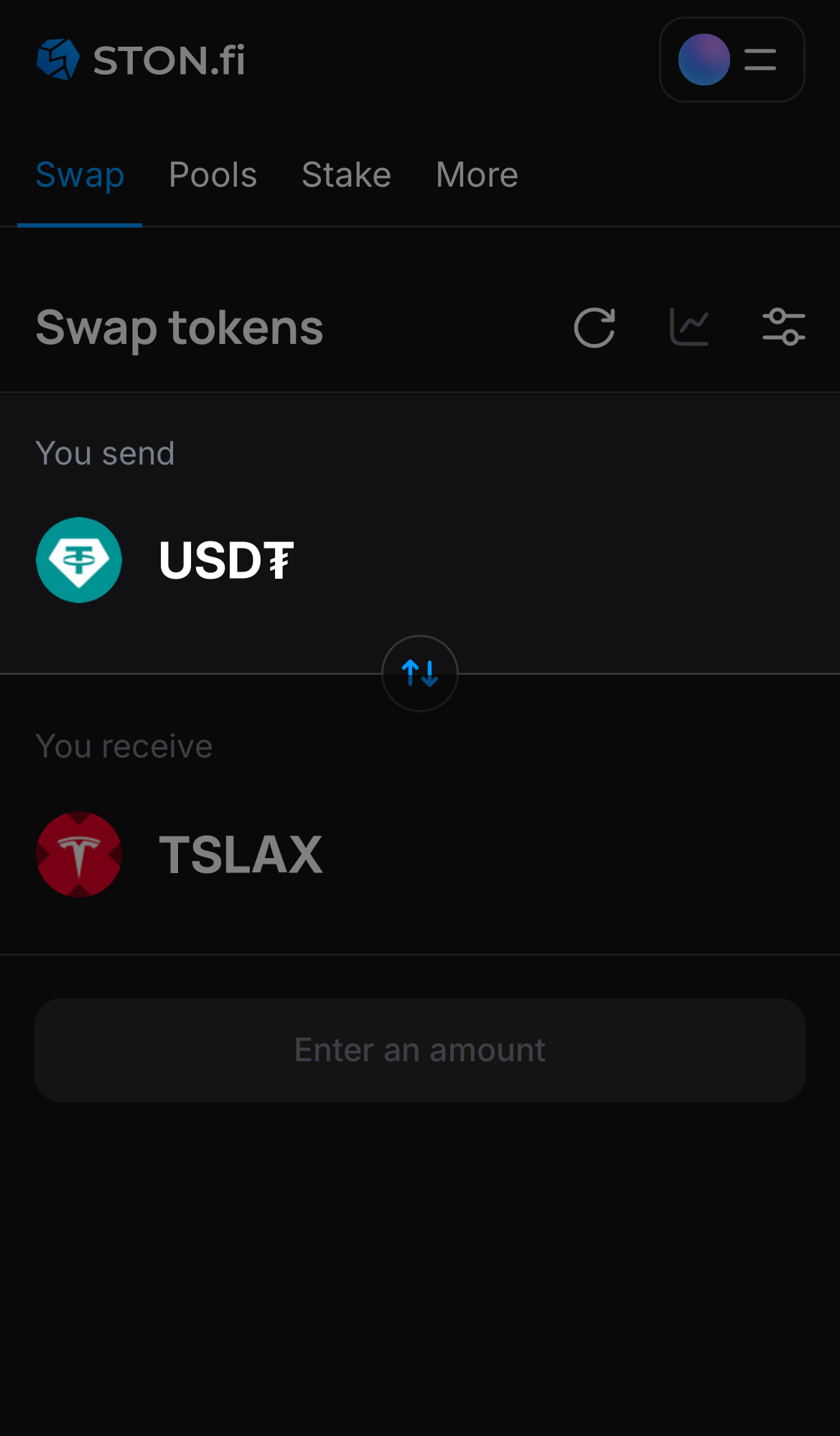 Выберите токен в поле «You send» — например, USD₮.