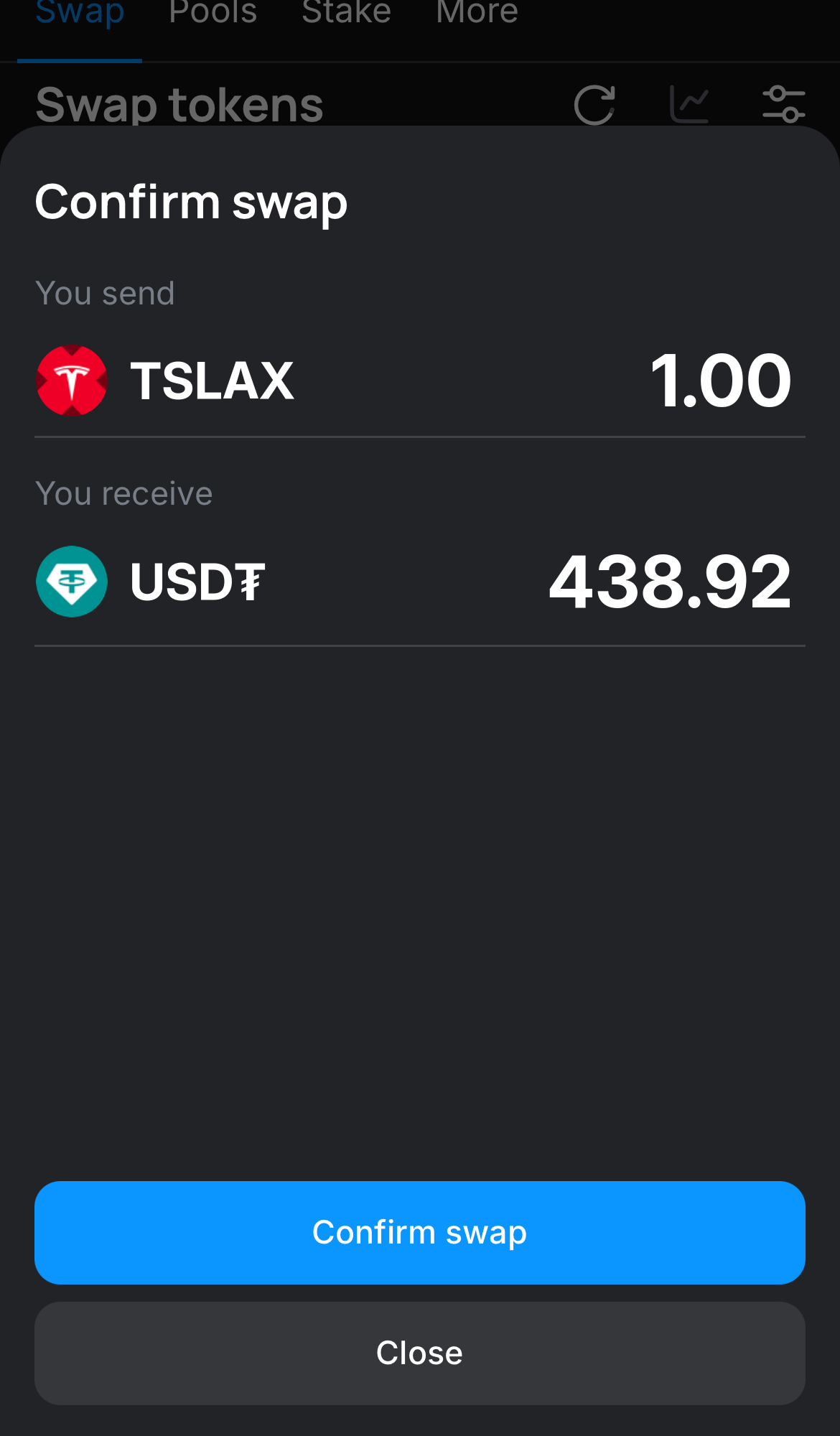 Нажмите на «Swap», дважды проверьте всю информацию и нажмите на кнопку «Confirm swap», чтобы подтвердить транзакцию.