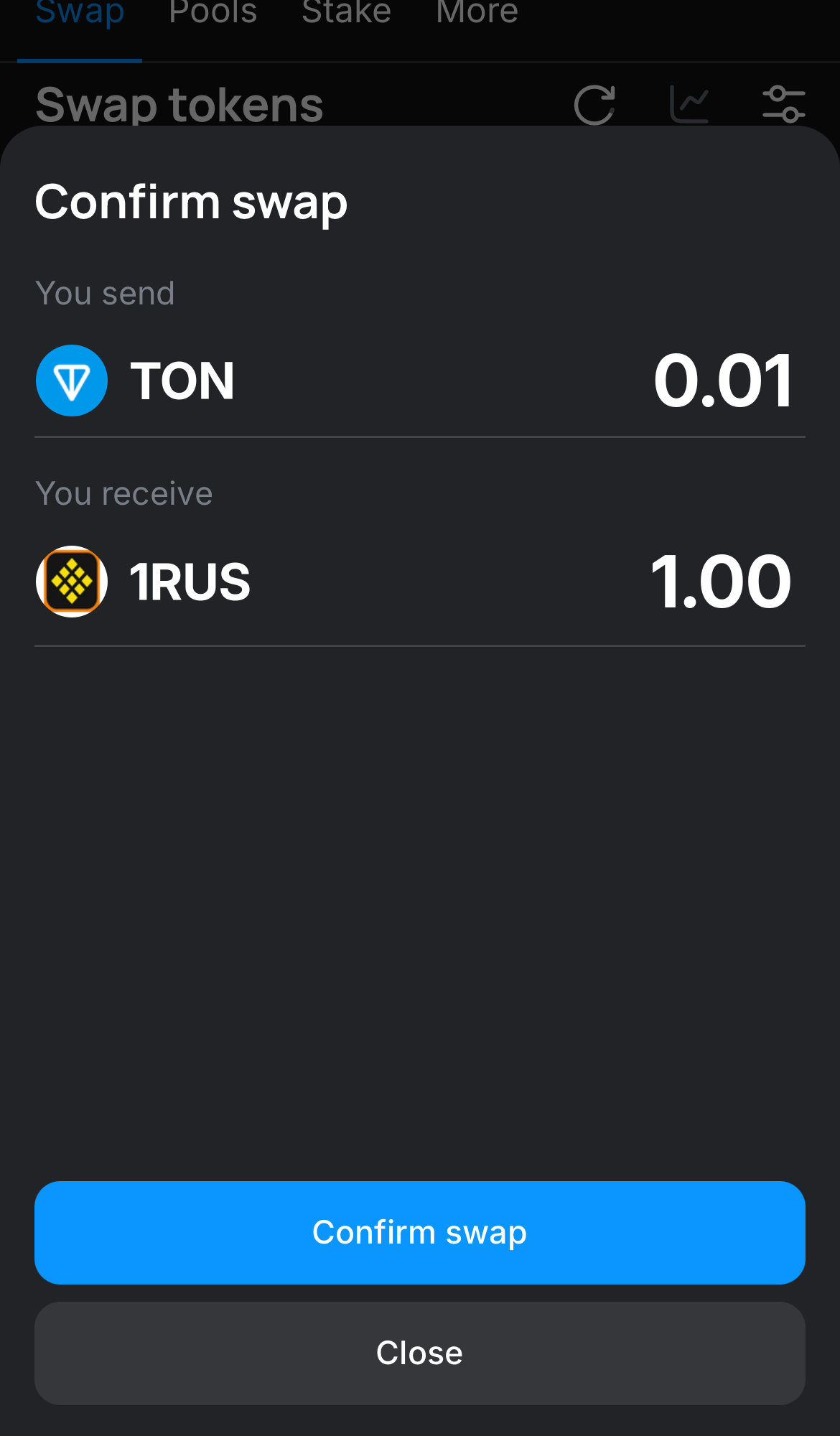 Click ‘Swap‘, double-check the details, and confirm the transaction by clicking the ‘Confirm swap‘ button.