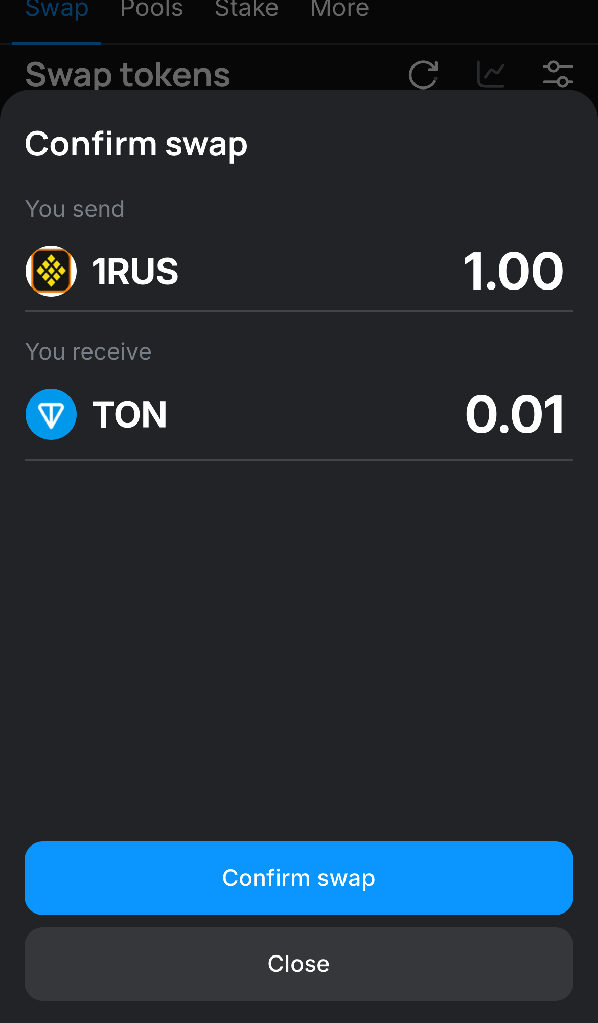 Click ‘Swap‘, double-check the details, and confirm the transaction by clicking the ‘Confirm swap‘ button.