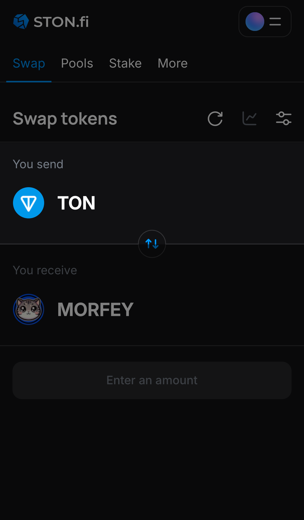 اختر رمزًا في مربع "You send" — على سبيل المثال، TON.