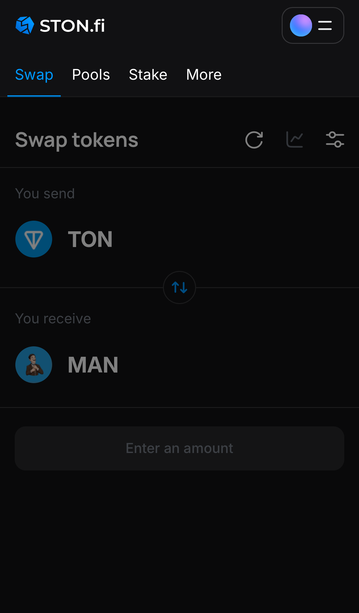 برنامه STON.fi را باز کنید و به زبانه ‘Swap‘ بروید.