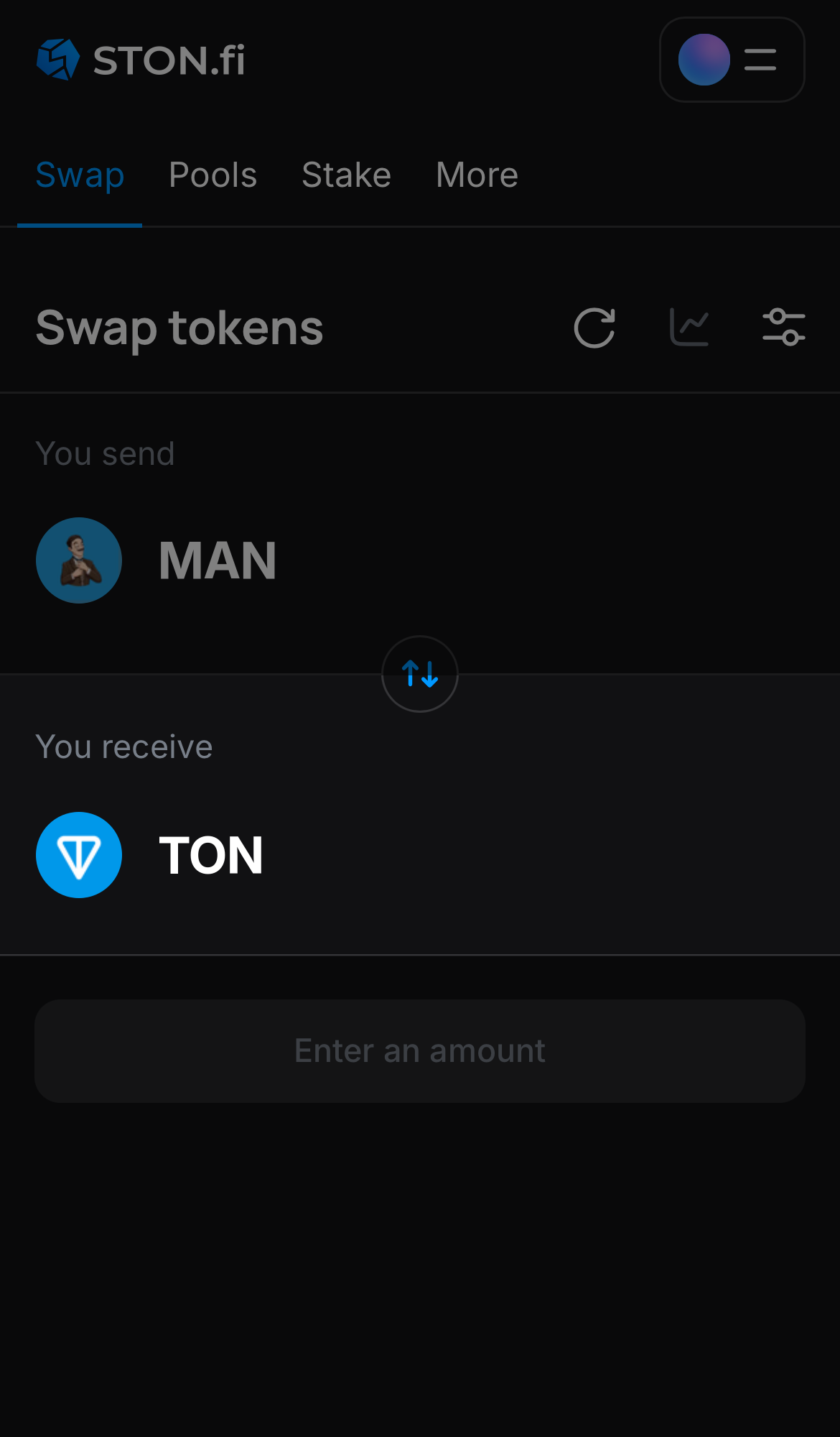 یک توکن را در جعبه ‘You receive’ انتخاب کنید — برای مثال، TON.