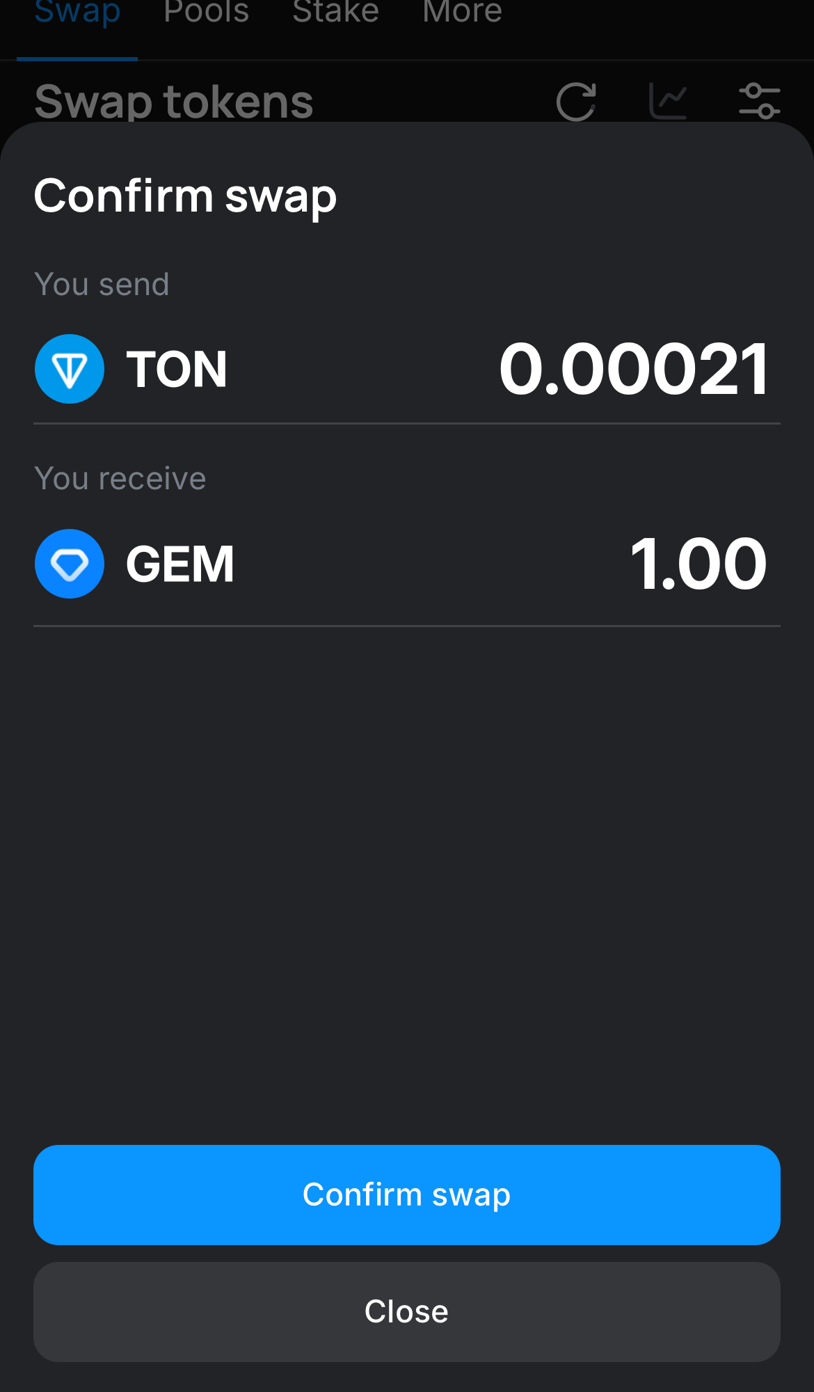 Cliquez sur ‘Swap‘, vérifiez les détails, puis confirmez la transaction en cliquant sur le bouton ‘Confirm swap‘.